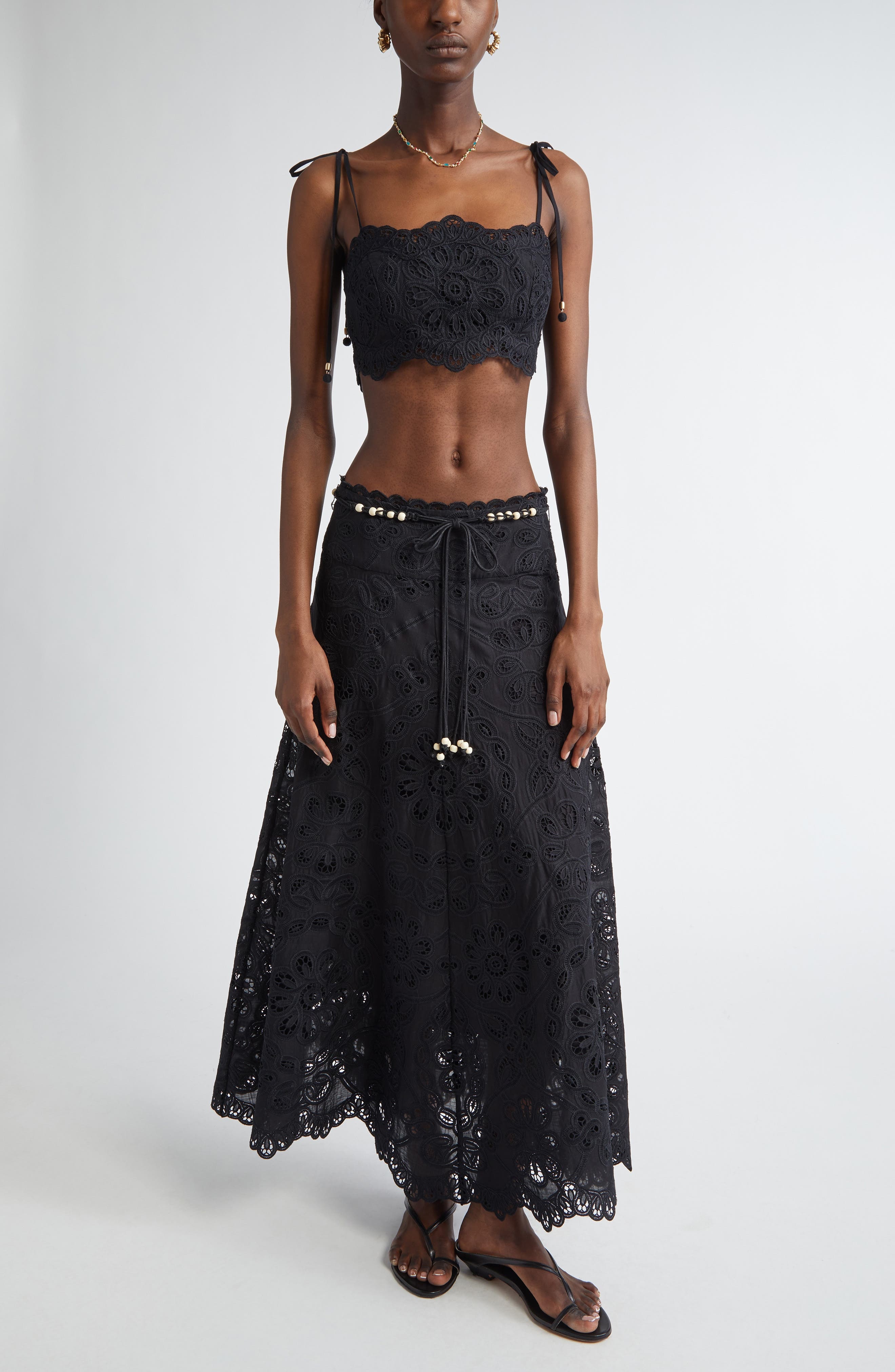 Zimmermann Rhiannon Guipure Lace Trim Cotton Crop Top in Black at Nordstrom - 2