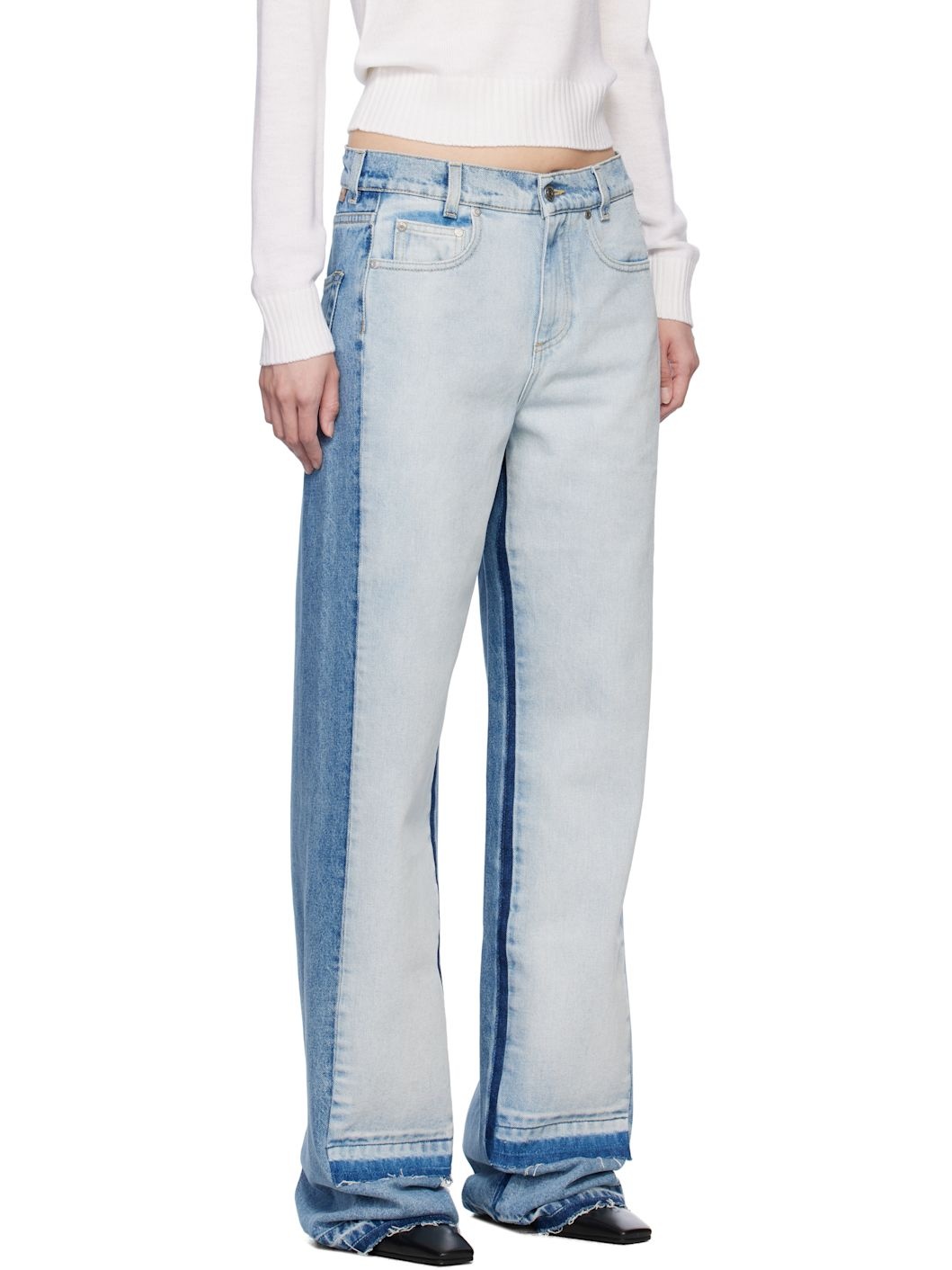 Blue Contrast Panel Straight Leg Jeans - 2