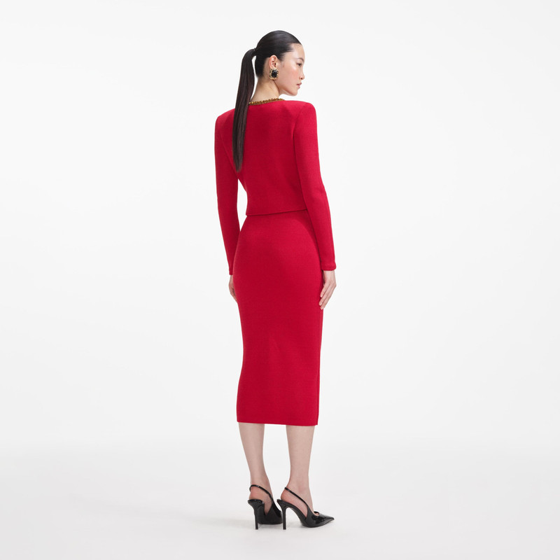 self-portrait Red Textured Knit Corsage Midi Skirt outlook