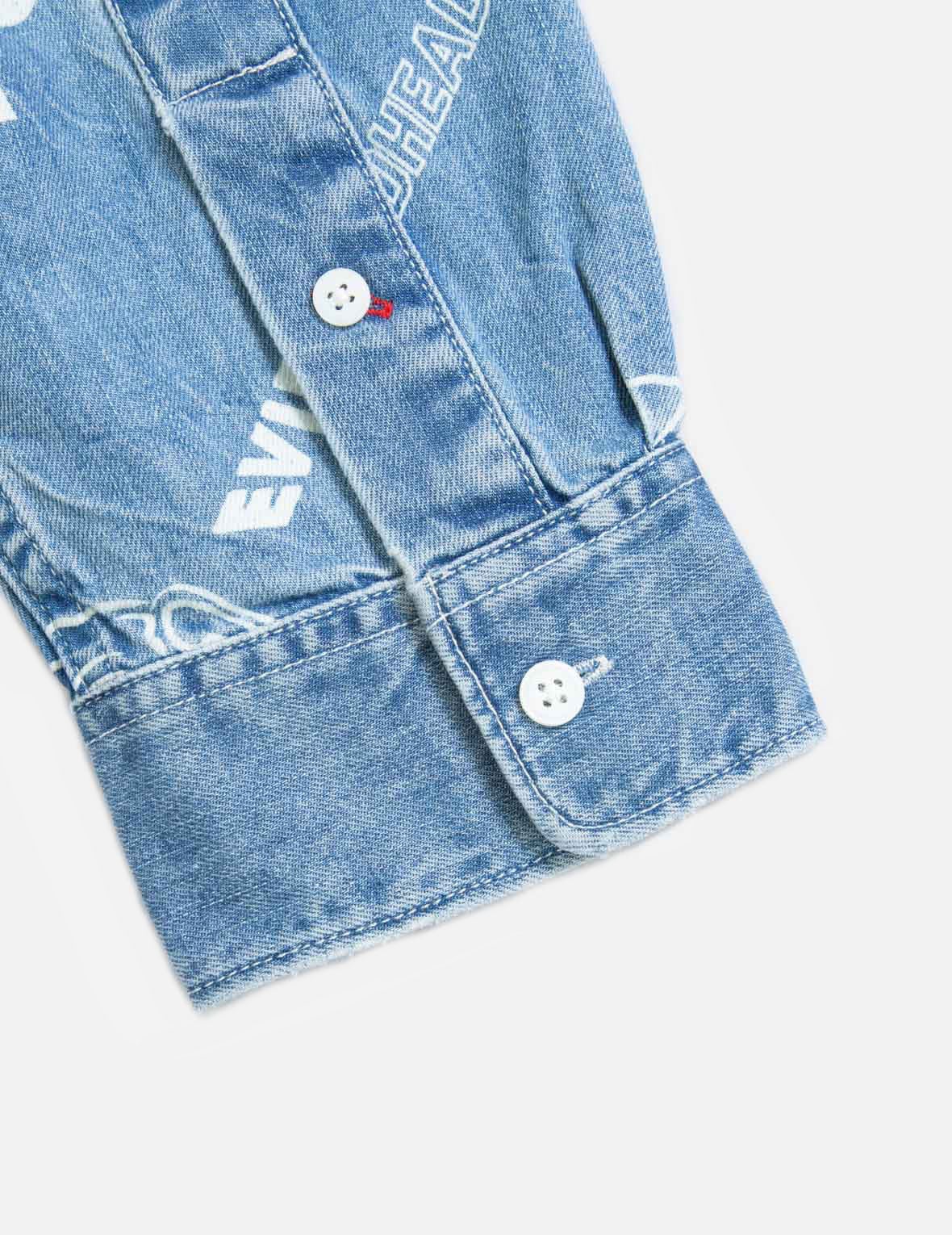 Allover Godhead and Logo Discharged  Print Denim Shirt - 13