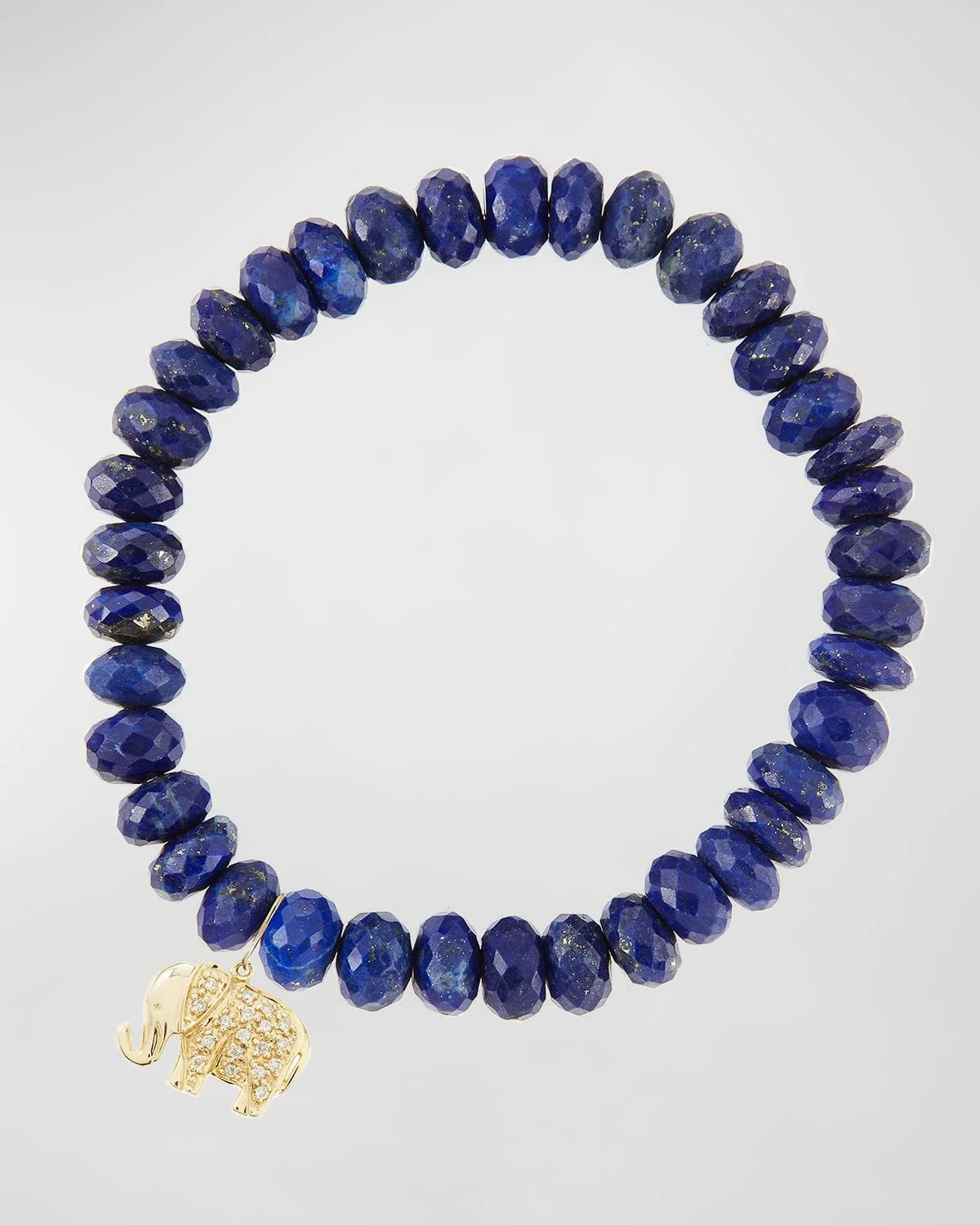 8mm Faceted Lapis Beaded Bracelet with 14k Gold/Diamond Small Elephant Charm - 1