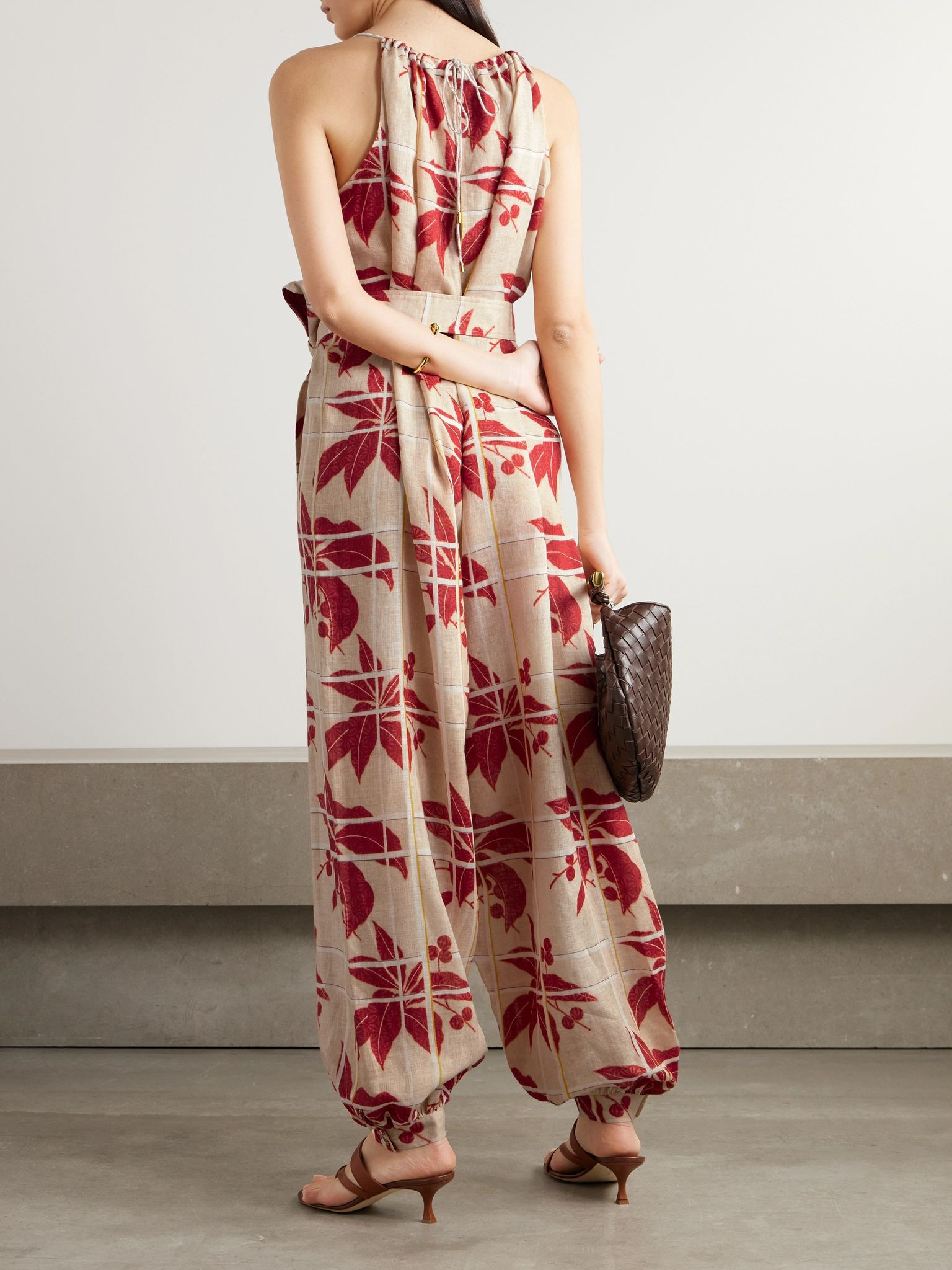 Belted printed linen jumpsuit Pink - 3