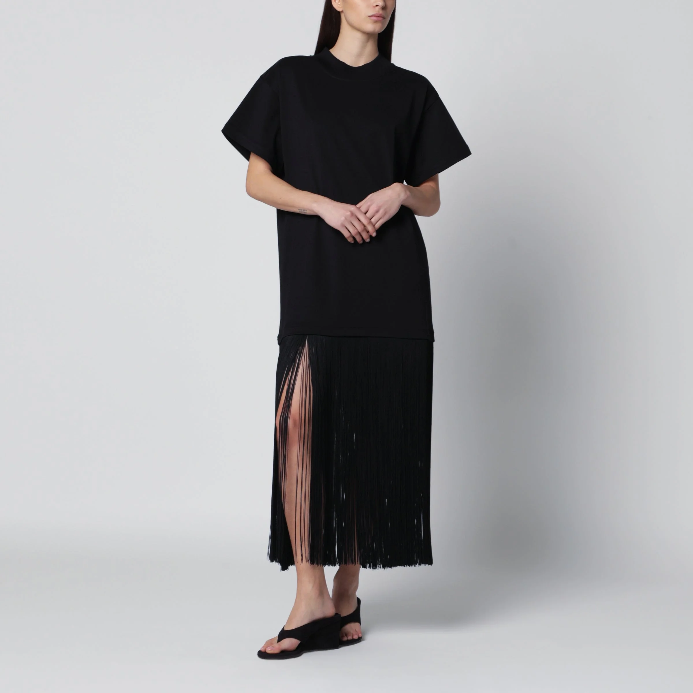 Fringed dress in black cotton jersey - 1