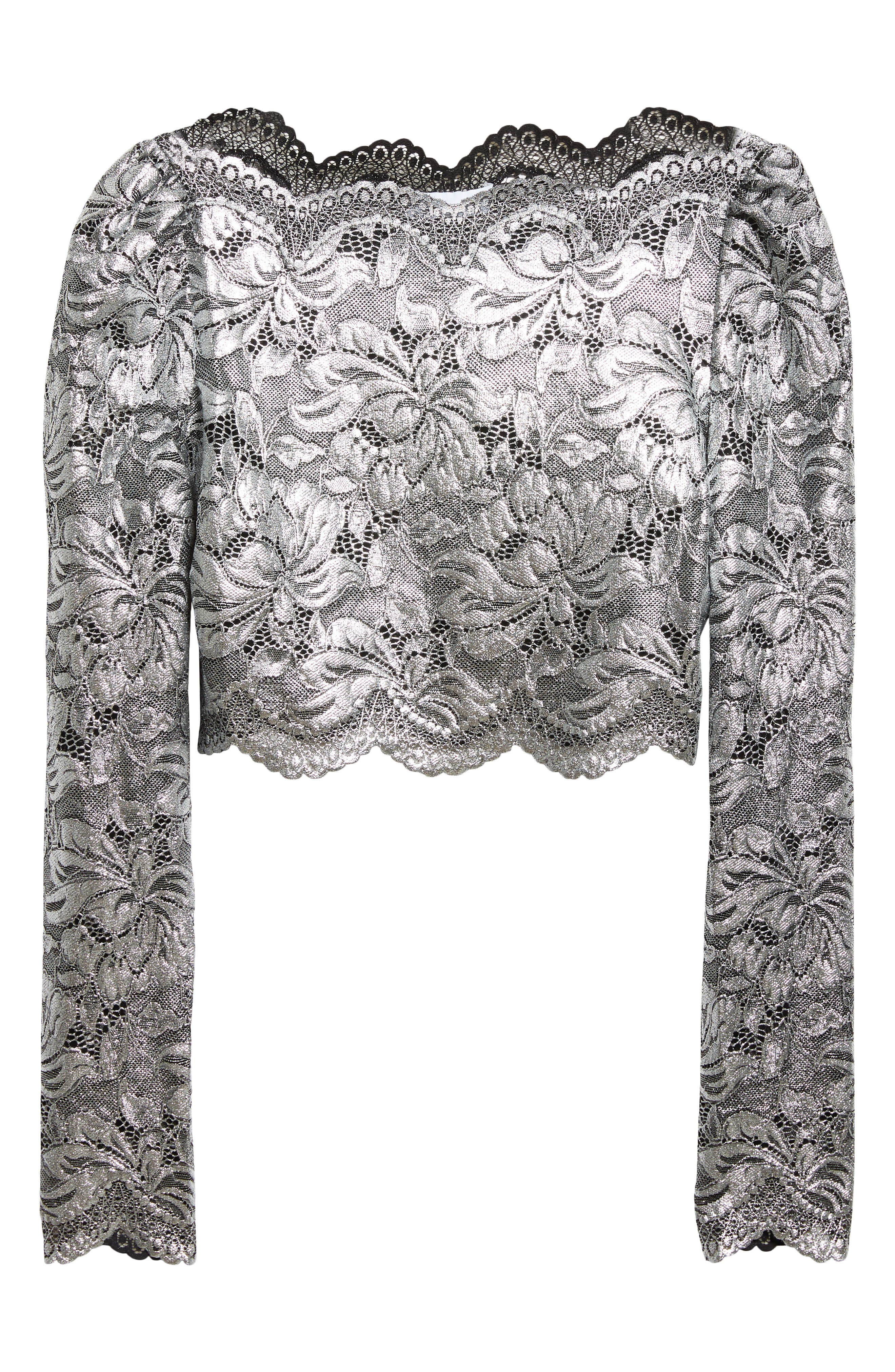 Rabanne Foiled Stretch Lace Crop Top in Black /Silver at Nordstrom - 6