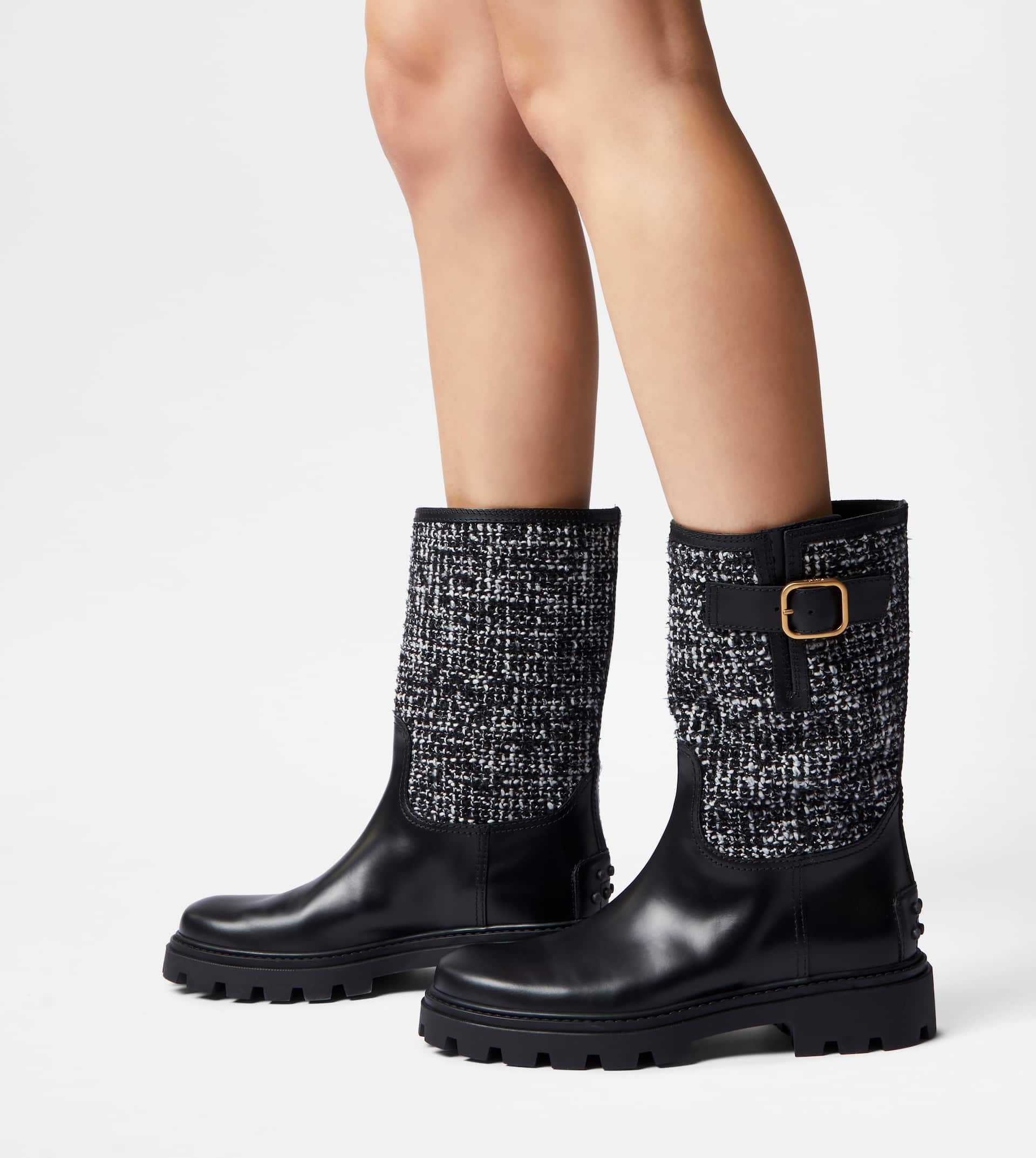 BIKER BOOTS IN LEATHER AND FABRIC - WHITE, BLACK - 2