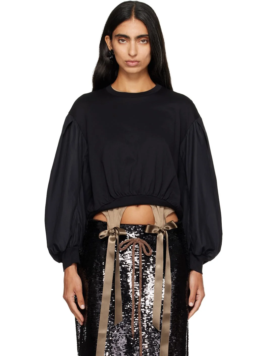 Black Puff Sleeve Balloon Long Sleeve T-shirt - 1