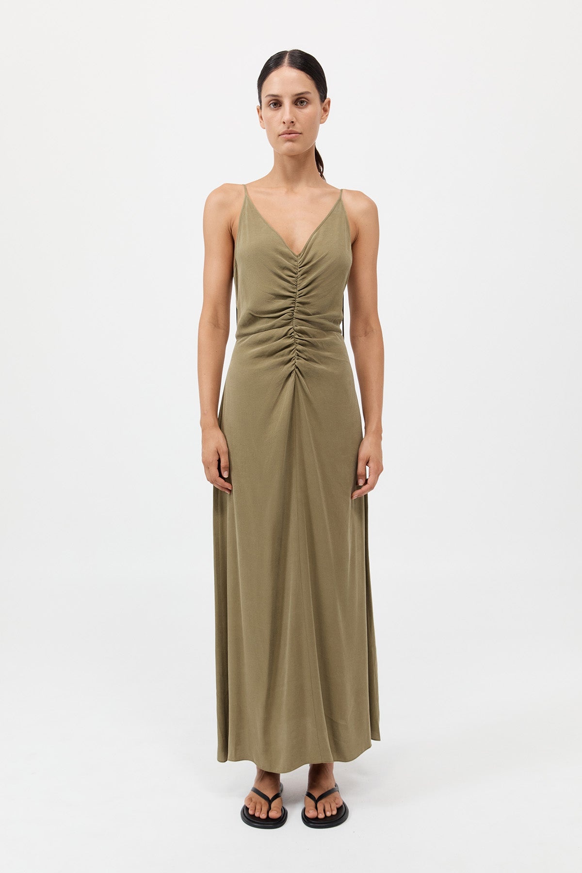 Gathered Tie Dress - Olive - 2