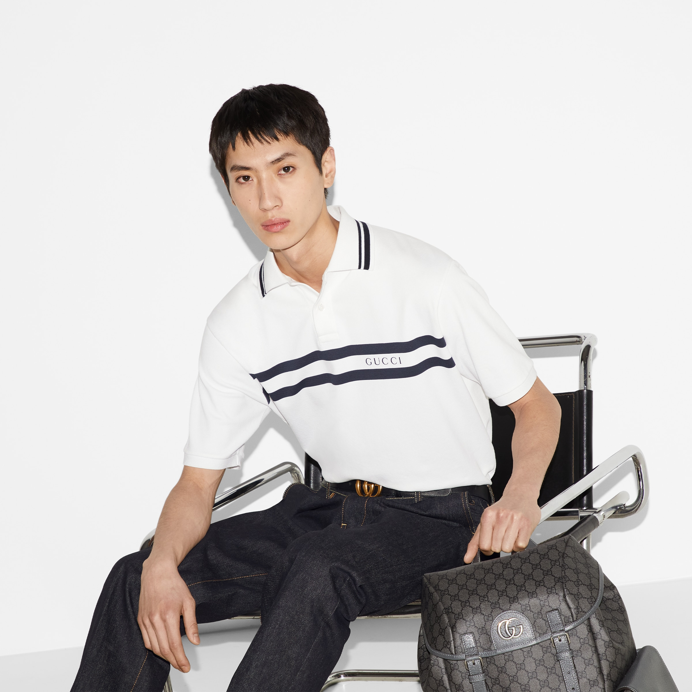 Cotton polo shirt with Gucci print - 6