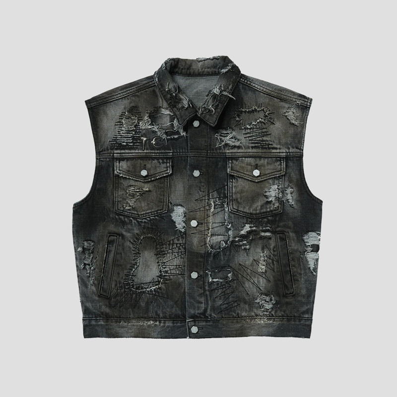 HARD-WASHED DAMAGED DENIM VEST 1