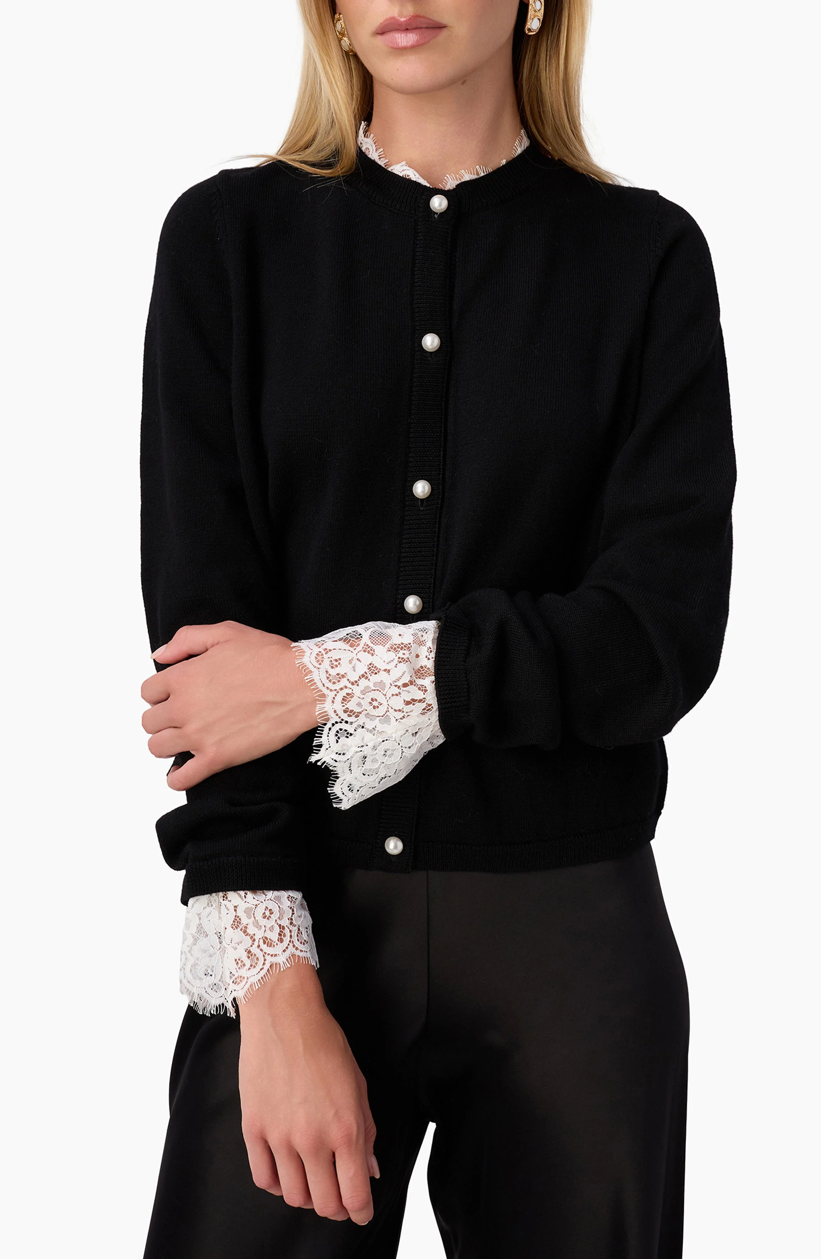 CAMI NYC Eliana Lace Trim Cardigan in Black/White at Nordstrom - 1