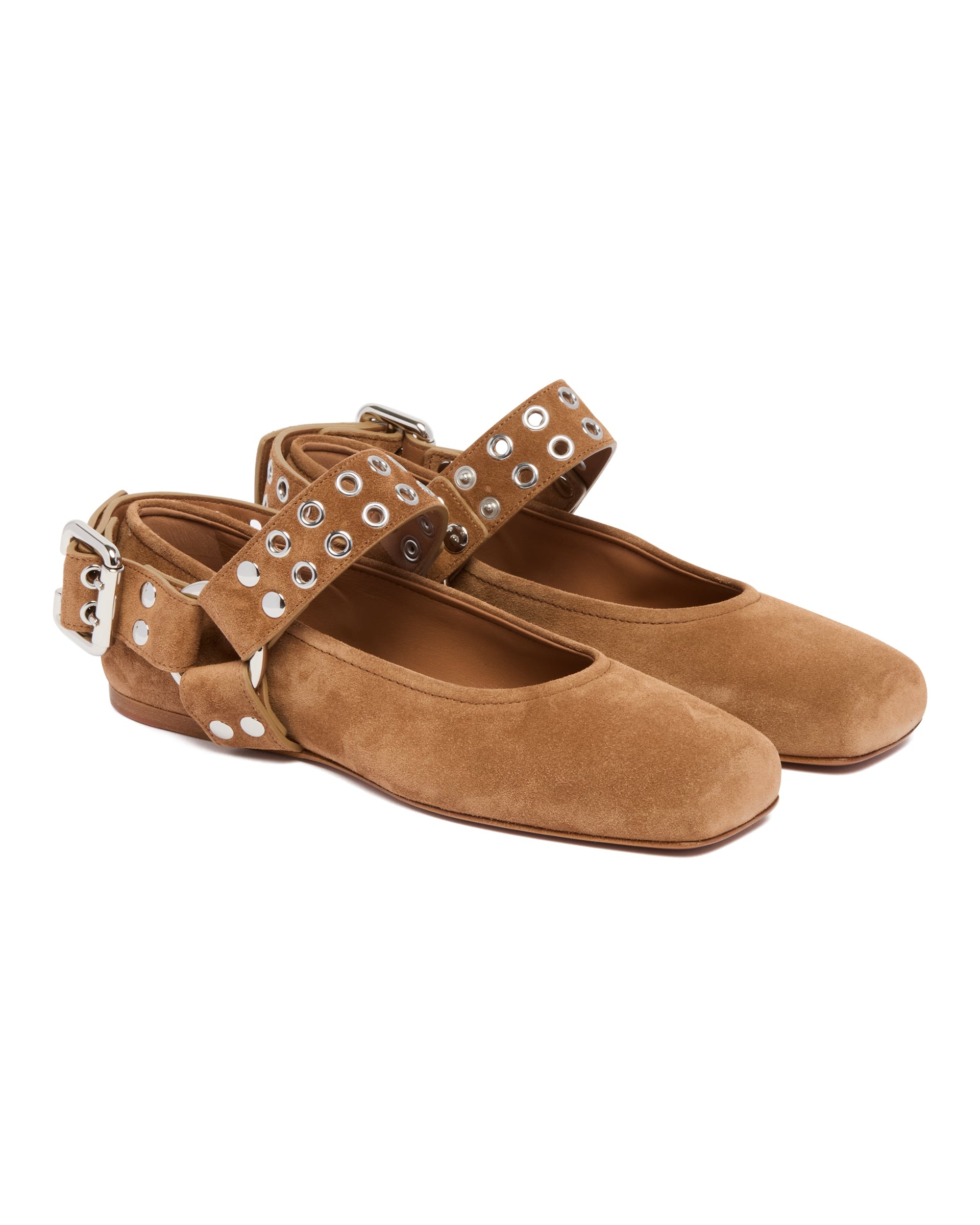 Beige Suede Flat Biker Ballet Flats - 3