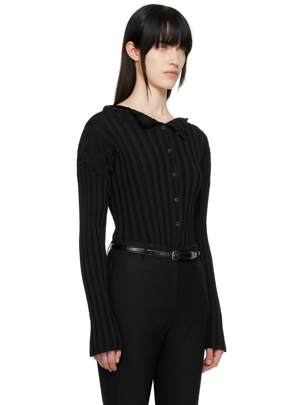 Black Ribbed Collarless Cardigan - 2