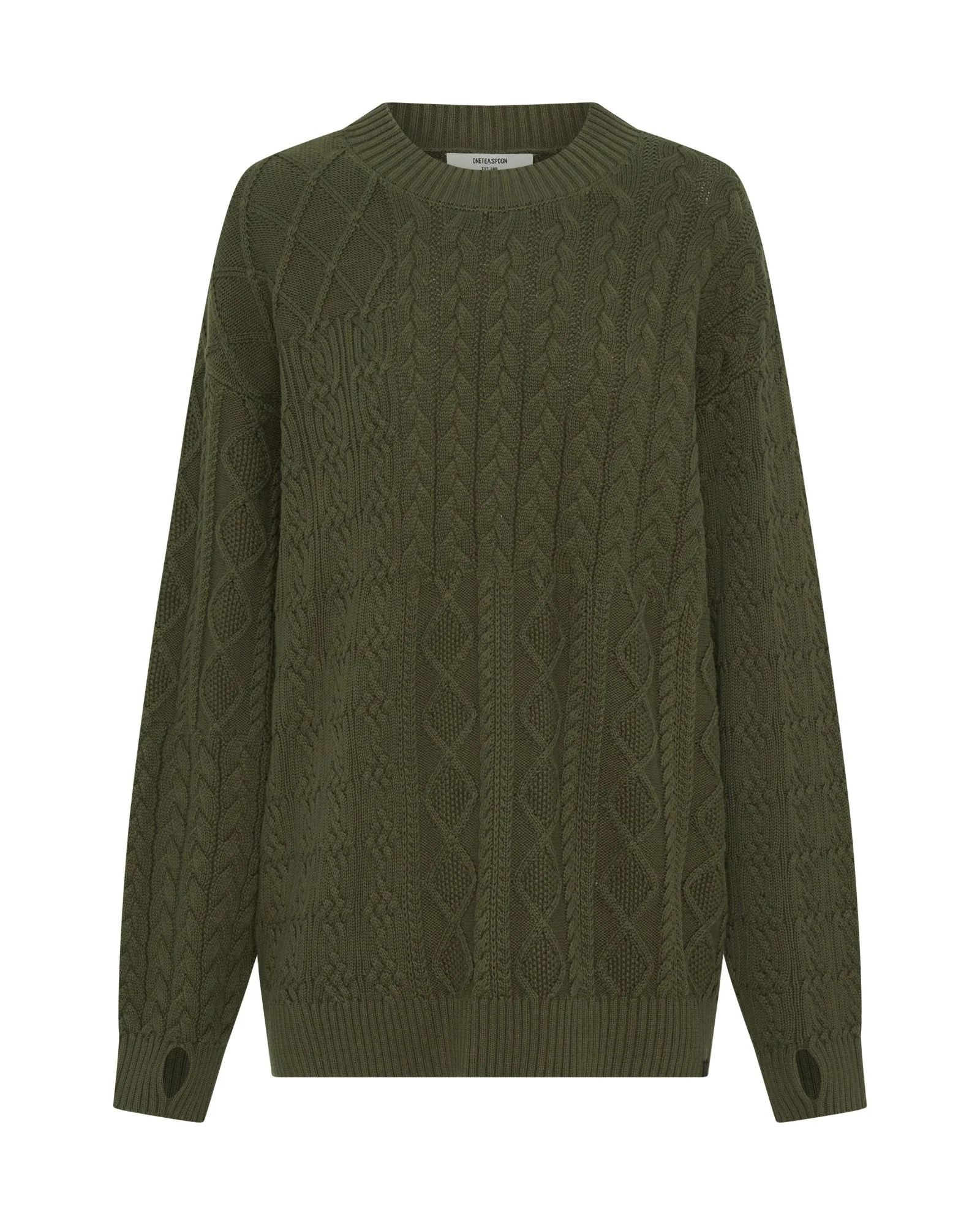 Mixed Cable Cotton Knit Sweater - Khaki - 1