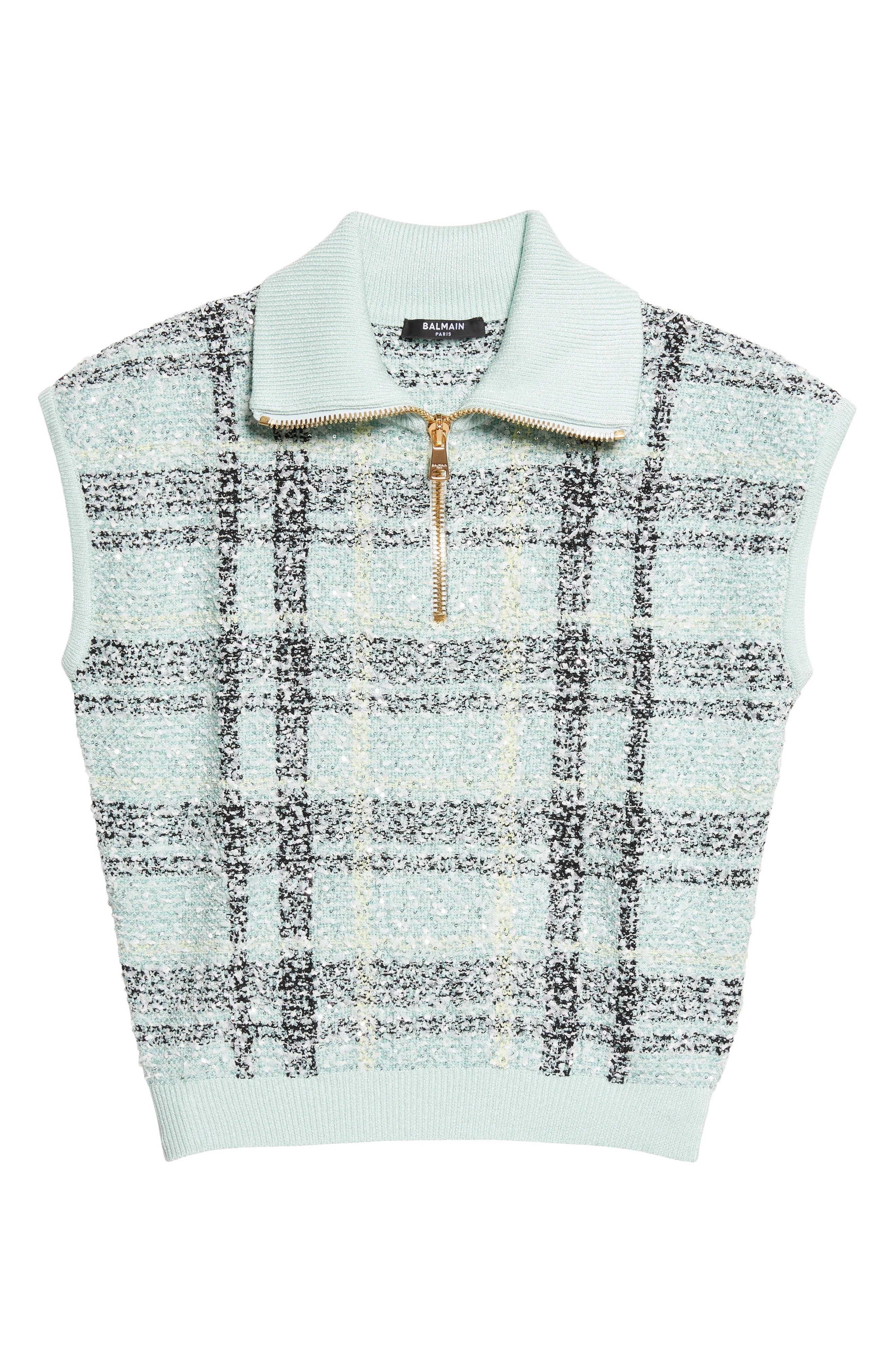 Balmain Tweed Zip Funnel Neck Sweater in Ulm Pale Green/Multi at Nordstrom - 1