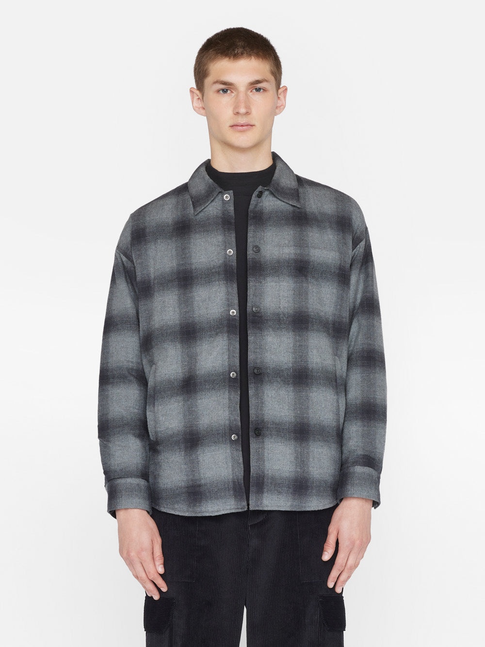 Padded Plaid Overshirt in Black/Grey Plaid - 4