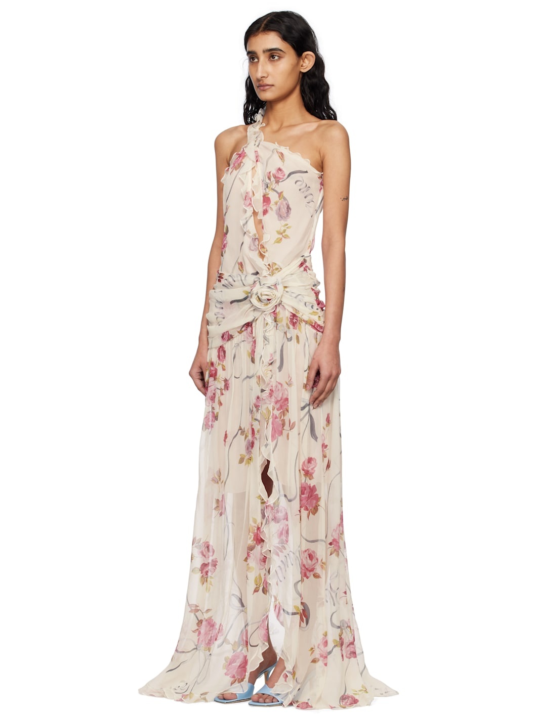 Off-White & Pink One-Shoulder Creponne Maxi Dress - 4