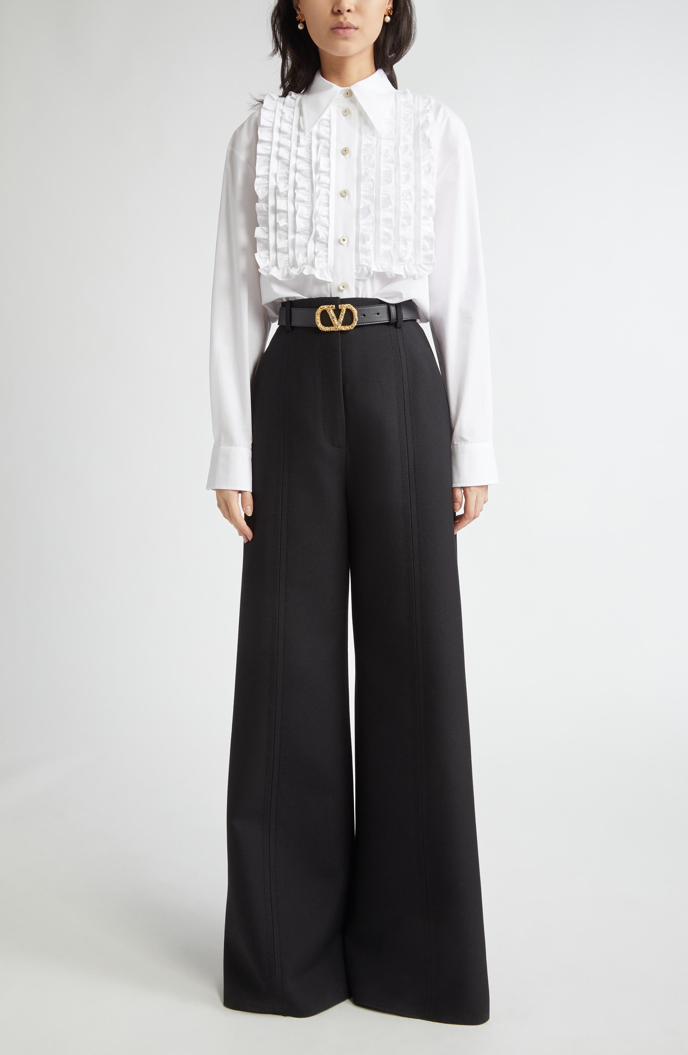 Valentino Garavani Ruffle Bib Cotton Poplin Button-Up Shirt in White at Nordstrom - 2
