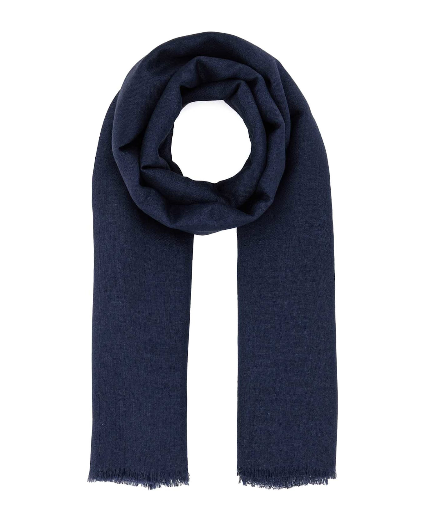 Navy Blue Cashmere Blend Rauche Foulard - 1