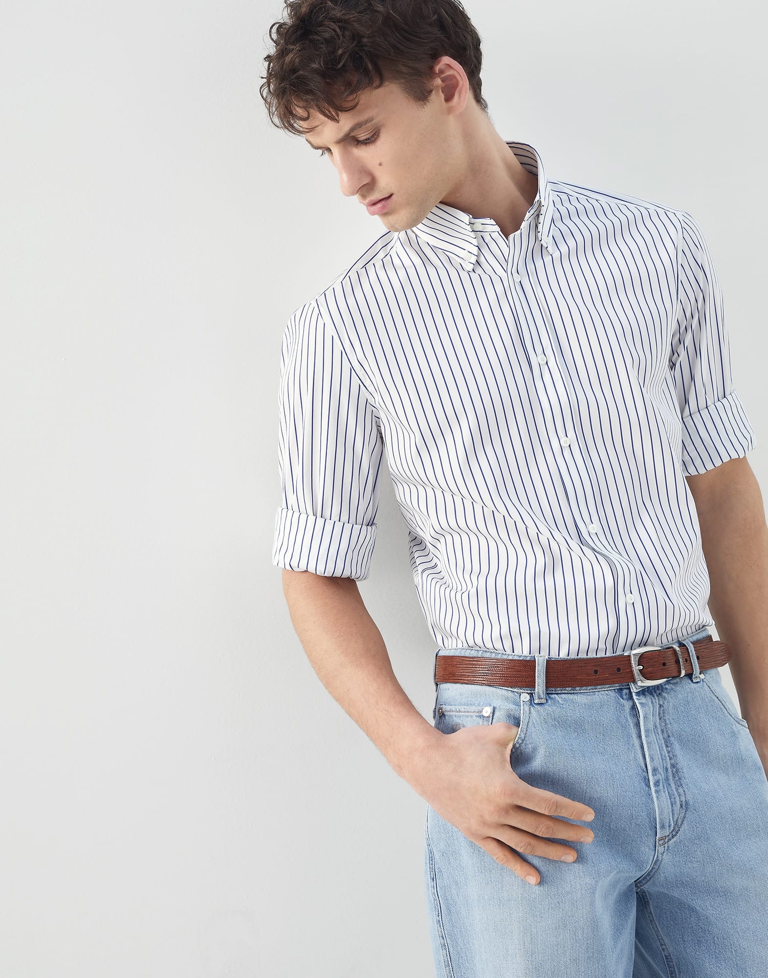 Striped poplin basic fit shirt with button-down collar - 4