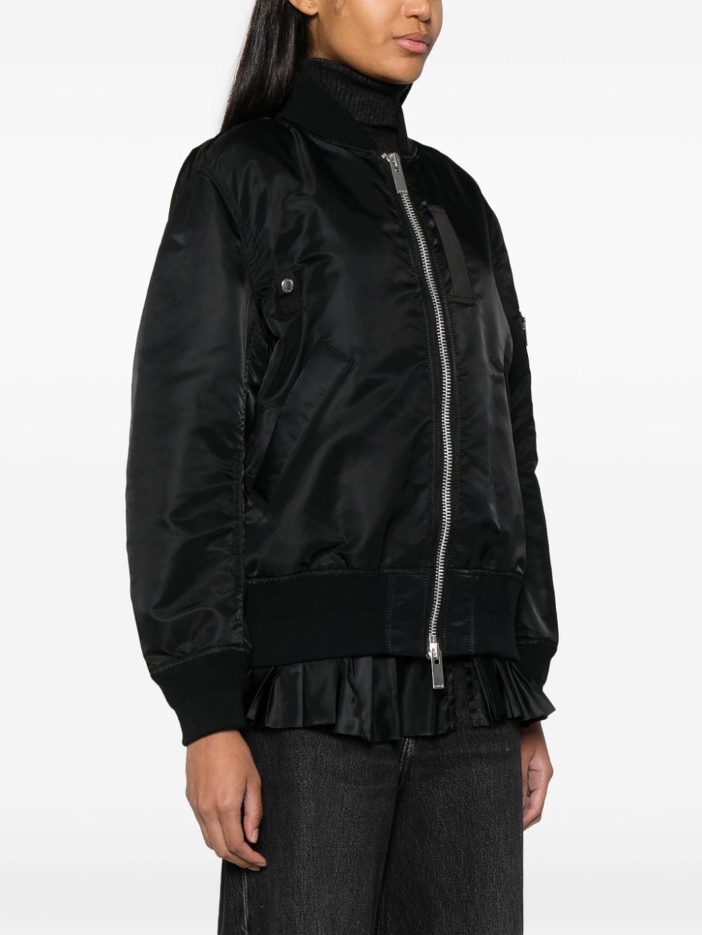 pleated-hem zip-up bomber jacket - 3