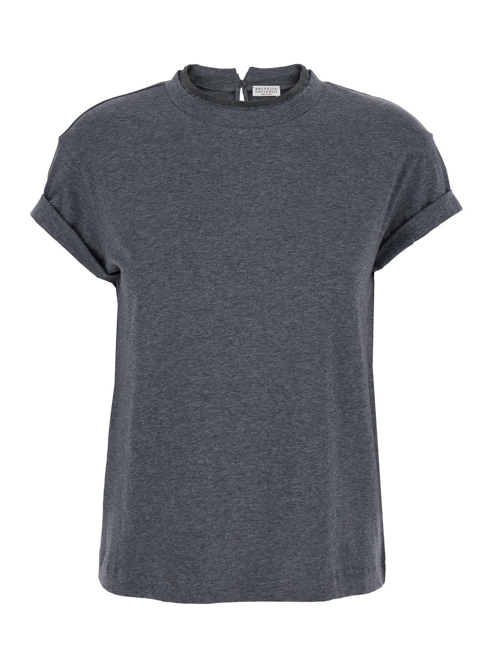 Brunello Cucinelli Women Grey Crewneck T-Shirt With Monil Detail On The Collar And Rear Cut-Out In C - 1