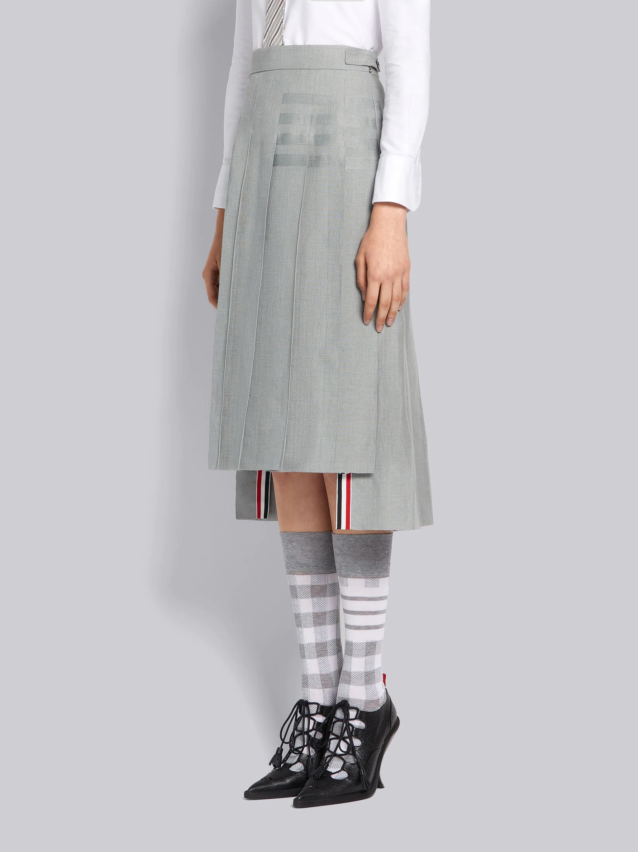 Light Grey Crispy Linen Classic Tonal 4-Bar Pleated Skirt - 2