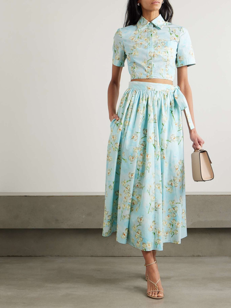 EMILIA WICKSTEAD Evelyna pleated floral-print cotton-poplin midi wrap skirt Blue outlook