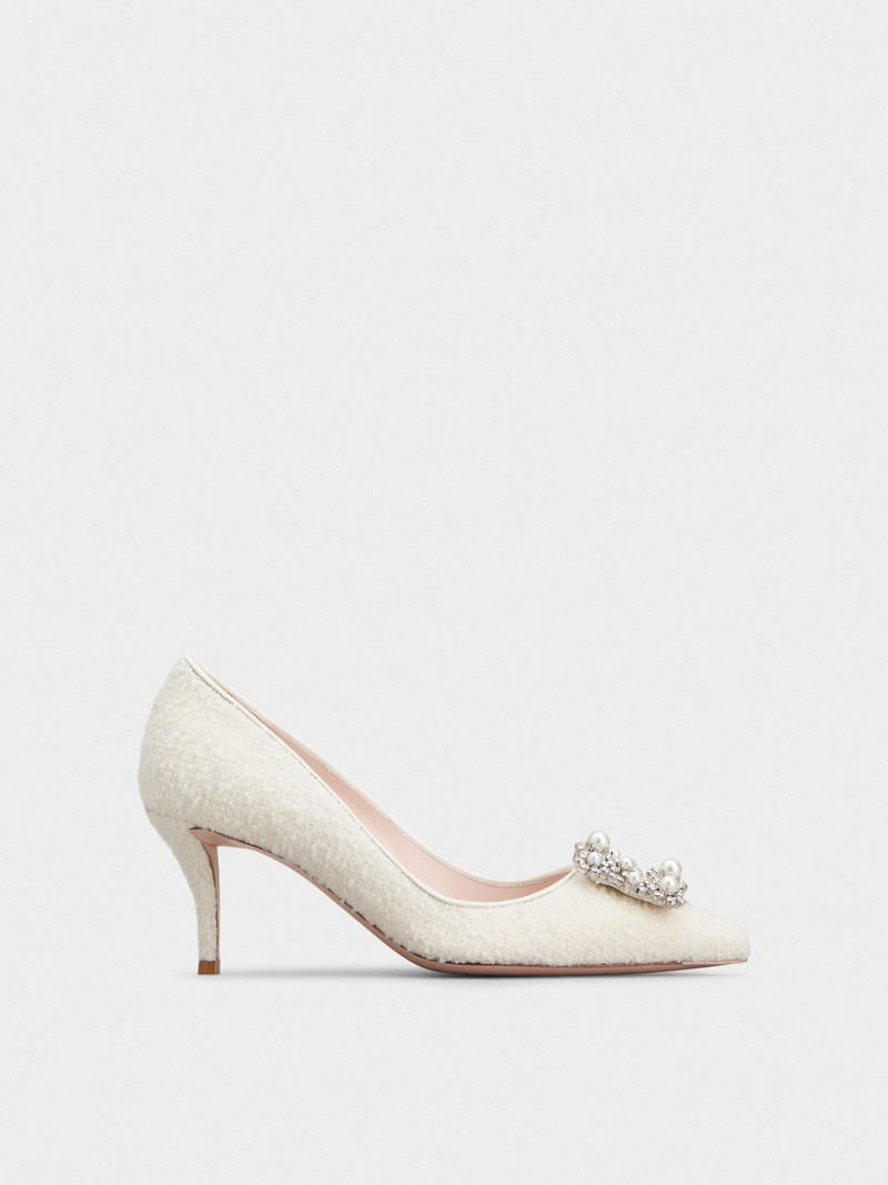 Flower Strass Pearl Buckle Pumps in Fabric - 1
