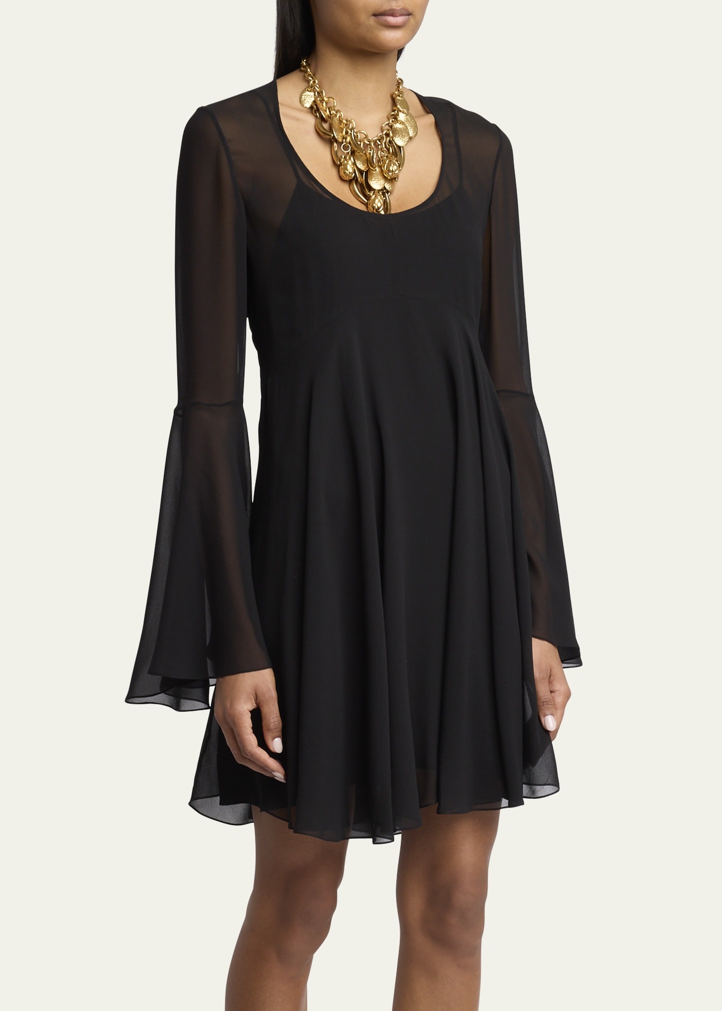 Bell Sleeve Silk Georgette Mini Dress - 4