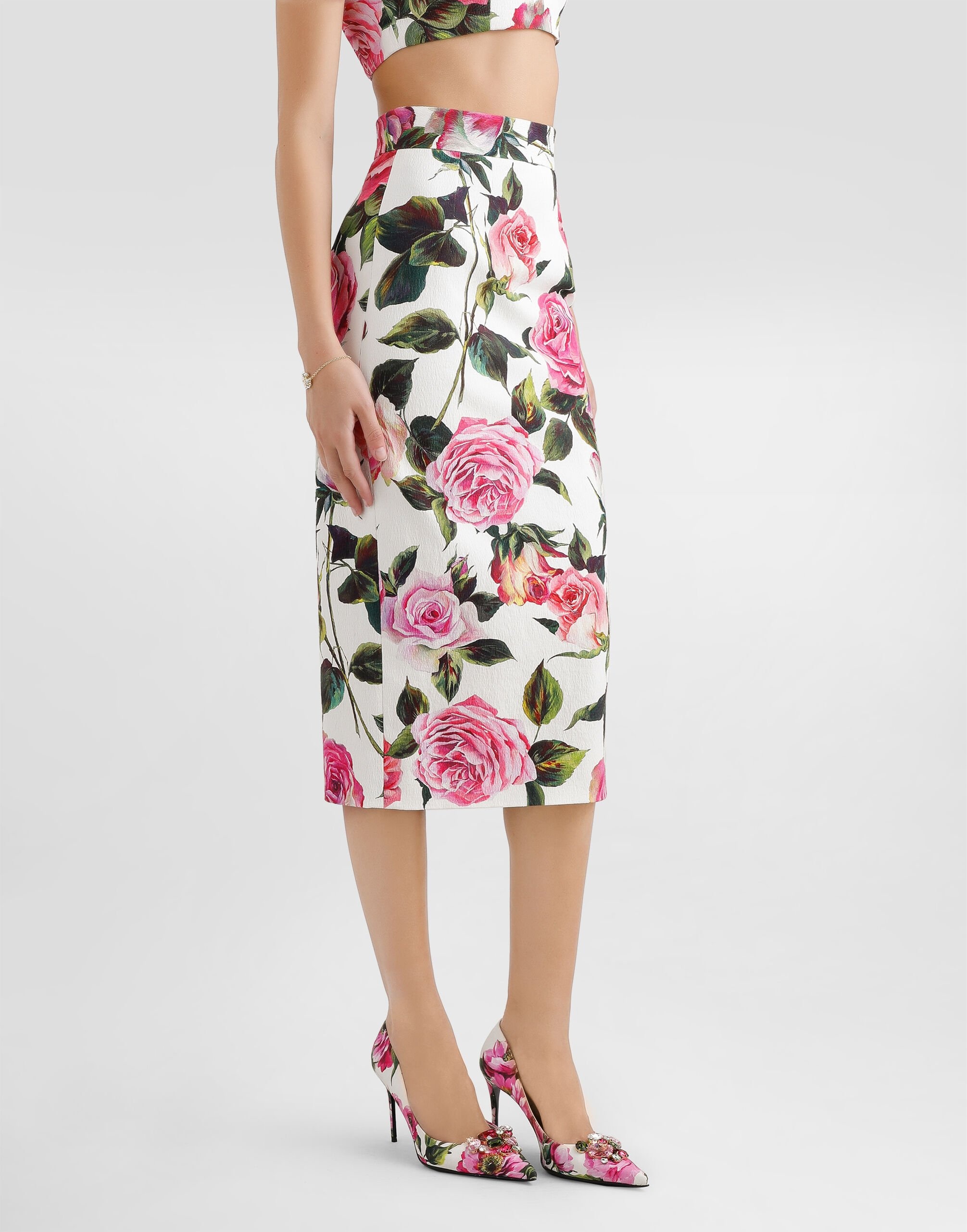 Rose-print cotton jacquard calf-length skirt - 3