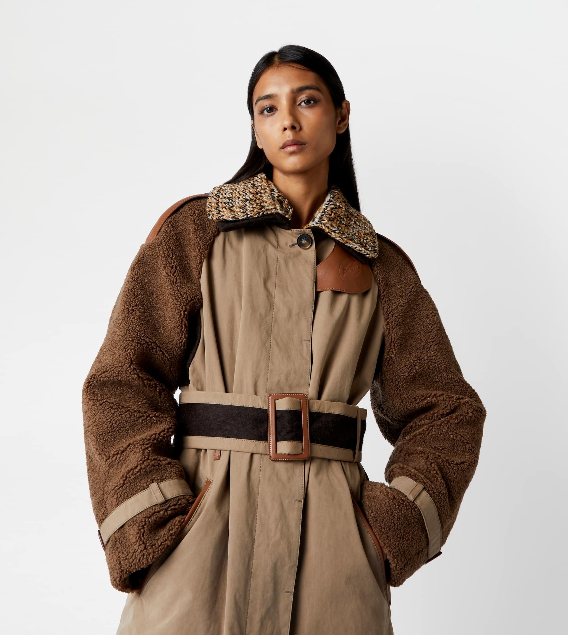 TRENCH COAT WITH LEATHER INSERTS - GREY - 7