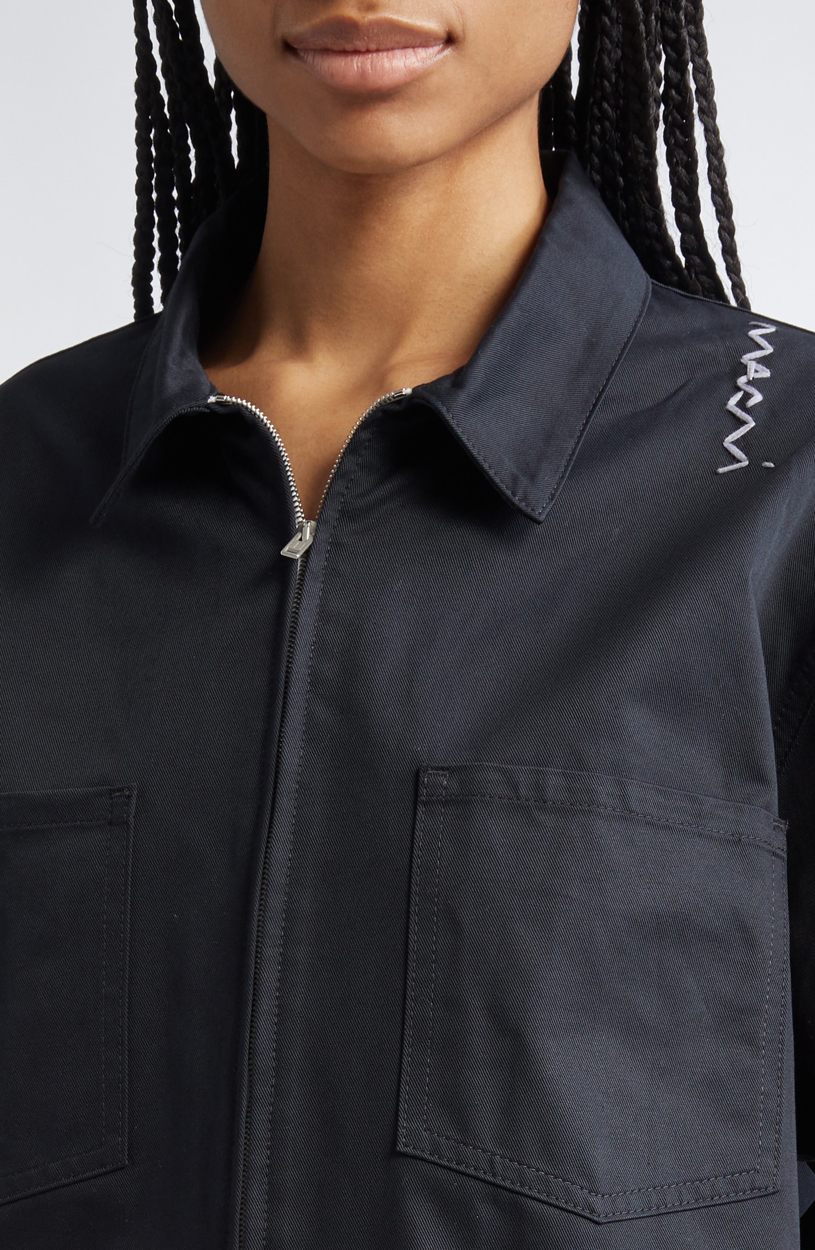 Marni Logo Embroidered Cotton Gabardine Shirt Jacket in Black at Nordstrom - 5