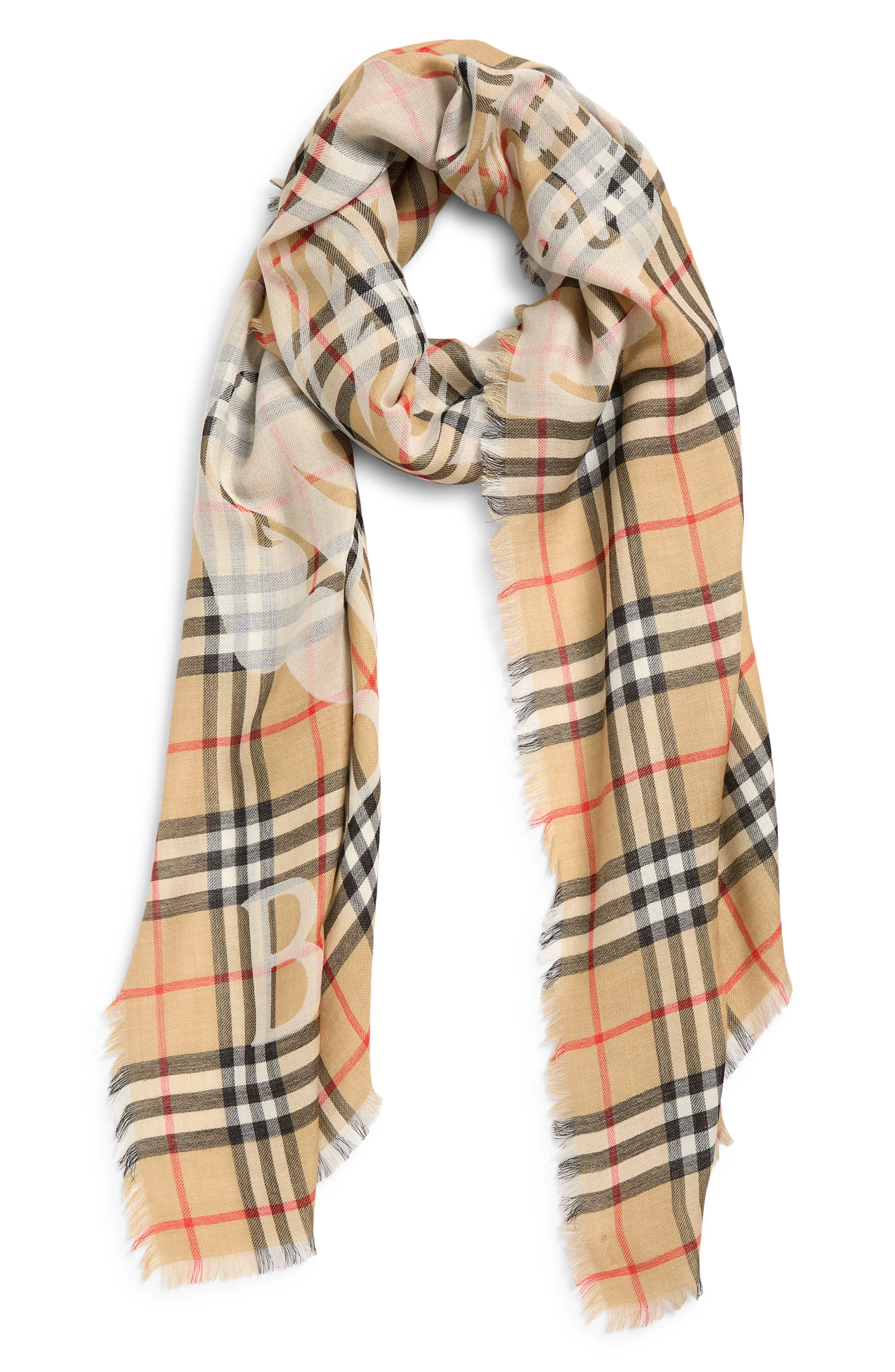 burberry Wide EKD Check Wool & Silk Fringe Scarf in Sand at Nordstrom - 1