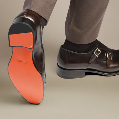 Santoni Men's polished brown leather double-buckle shoe outlook