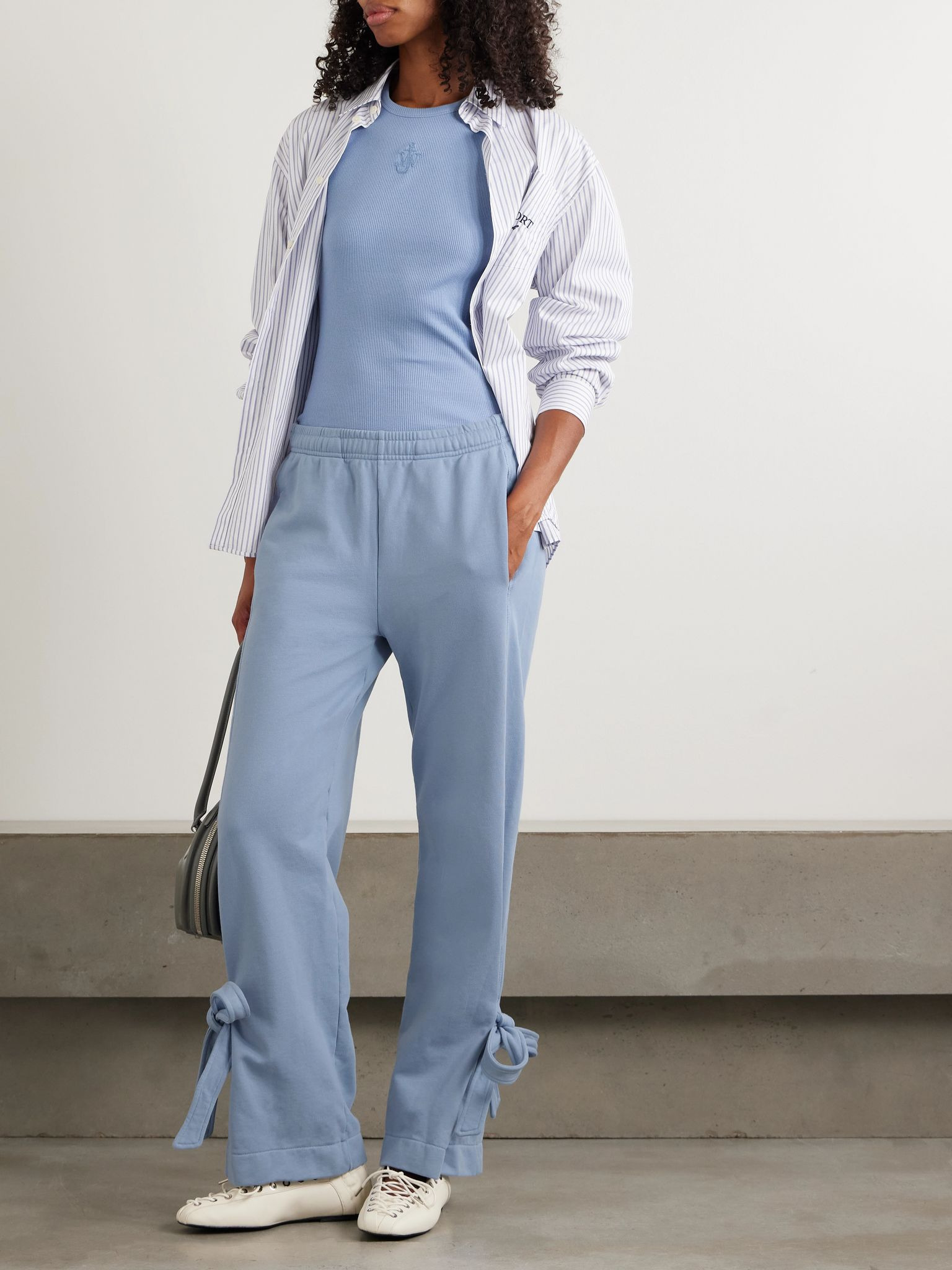 Tie-detailed cotton-jersey straight-leg sweatpants Light blue - 2