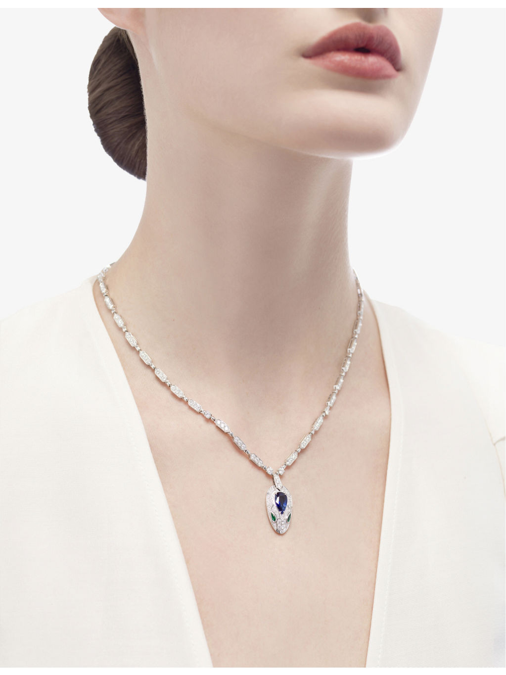 Serpenti 18ct white-gold, 4.59ct diamond, 1.48ct sapphire and 0.17ct emerald necklace - 2