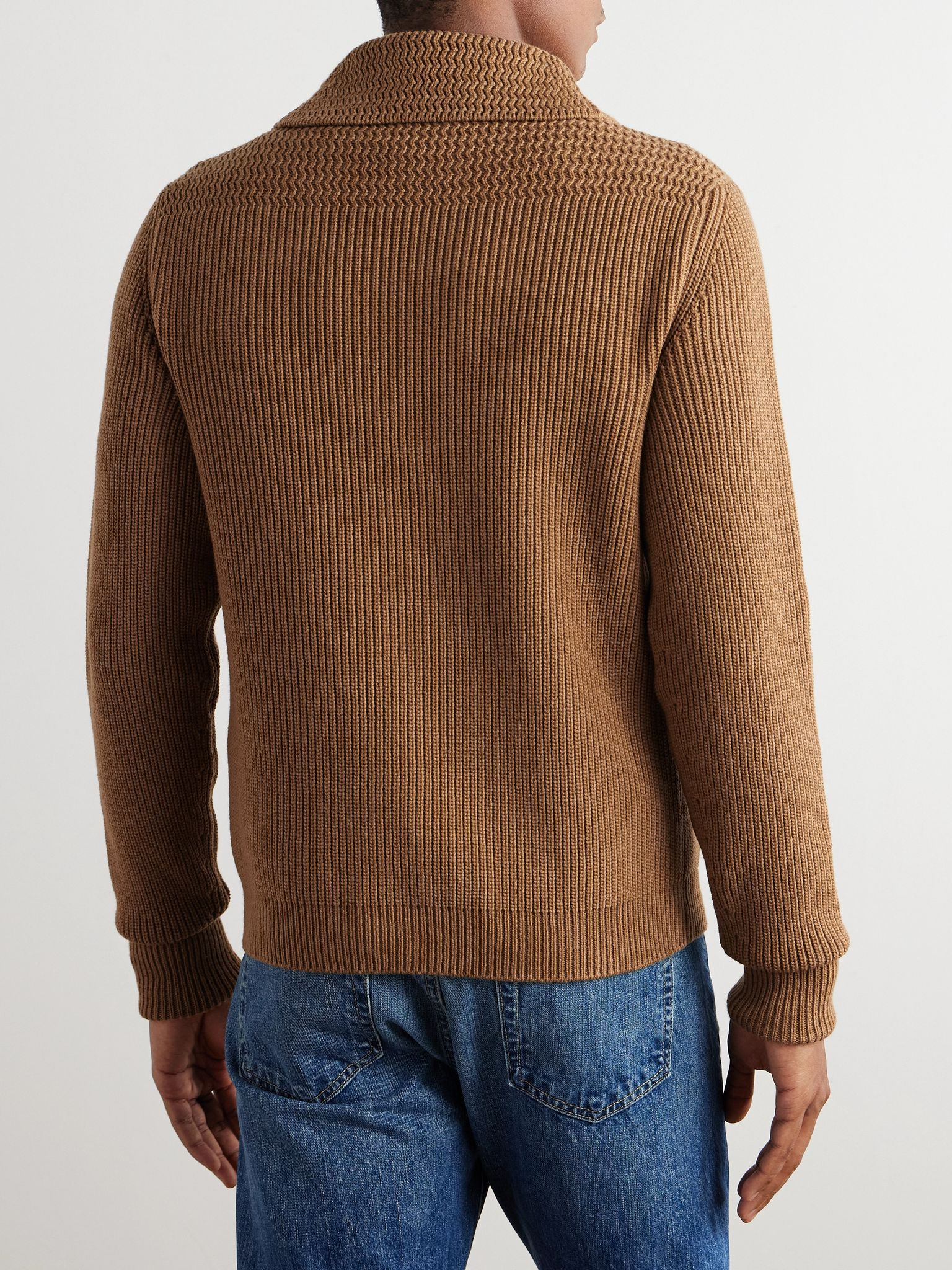 Slim-Fit Shawl-Collar Ribbed Cashmere Cardigan Brown - 3