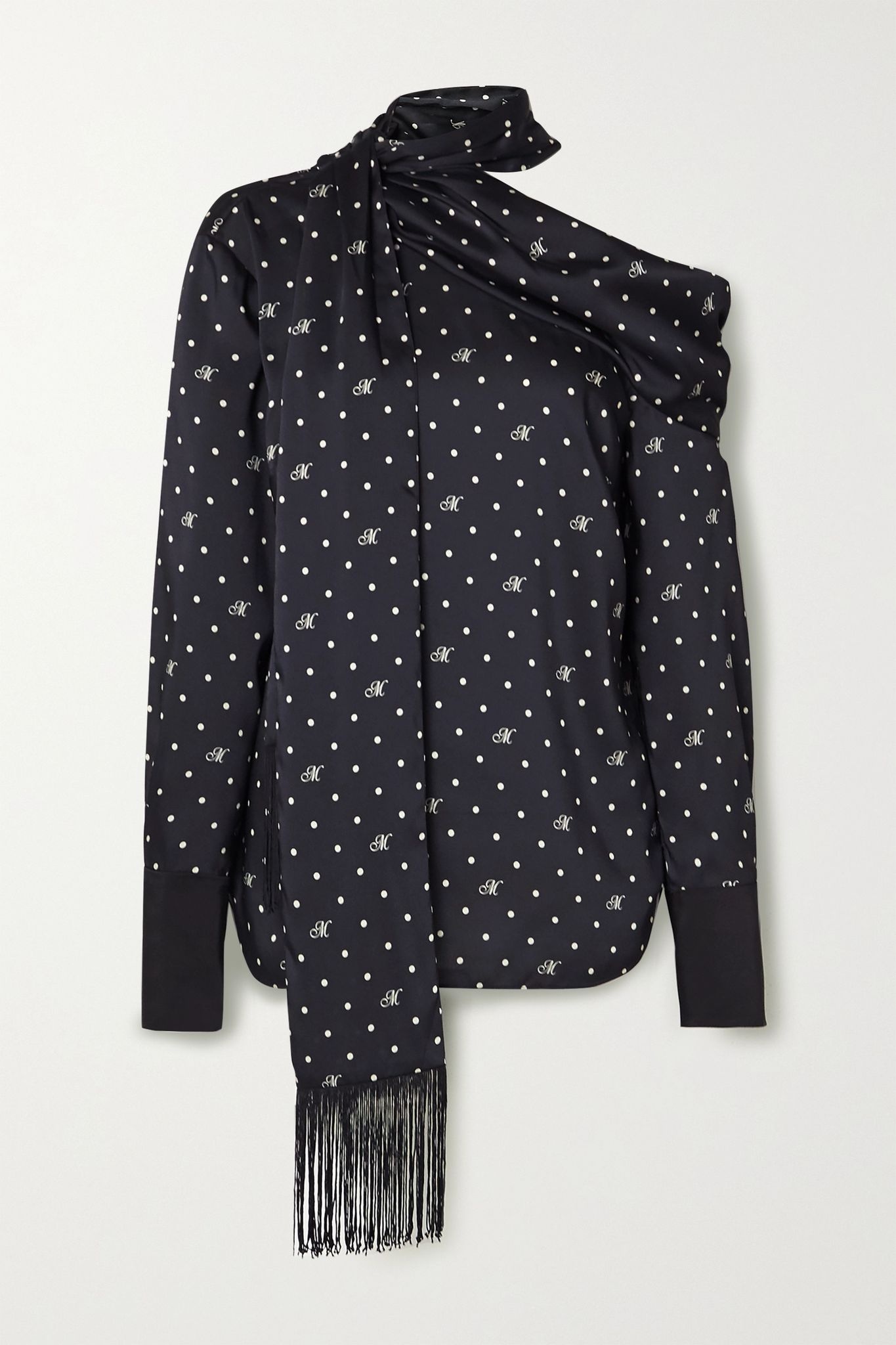 One-shoulder fringed polka-dot satin-twill blouse - 1