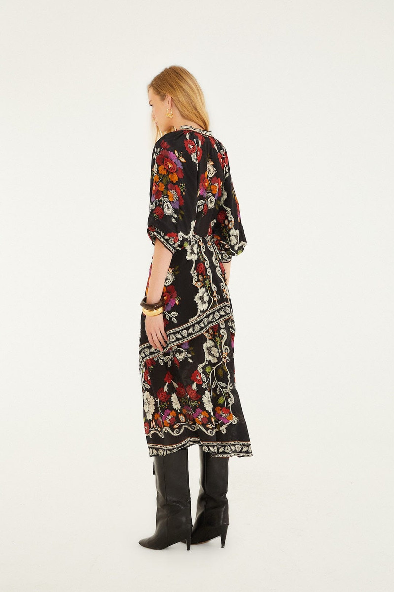 Black Rococo Flowers Belted Midi Dress 3