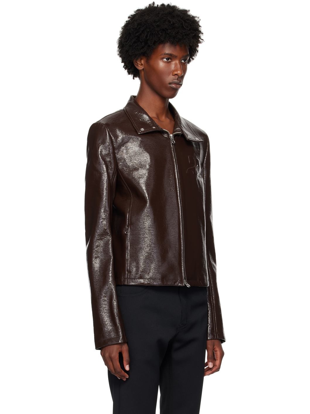 Brown Zipped Vinyl Biker Jacket - 2