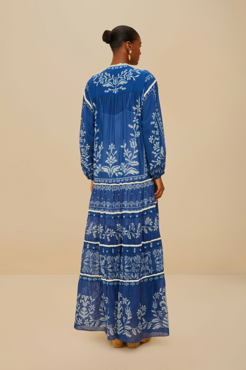 Blue Tropical Cross Stitch Tiered Maxi Dress 3