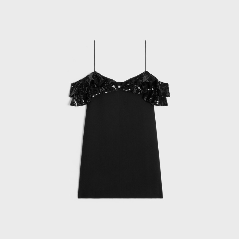 embroidered mini dress with ruffles in wool sablé 1