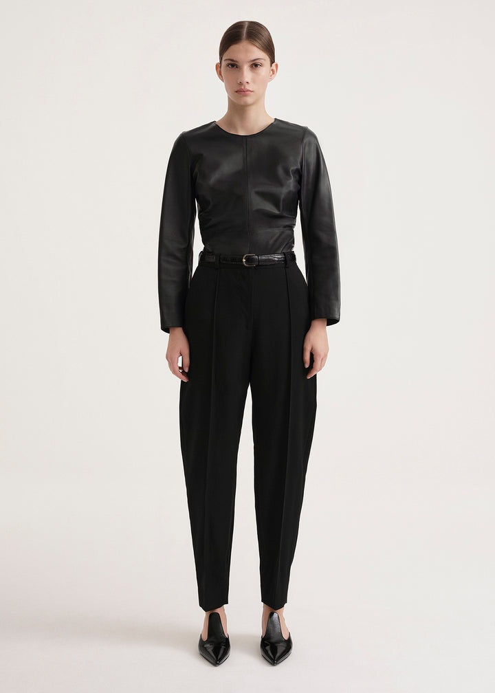 Sewn pleat wool trousers black