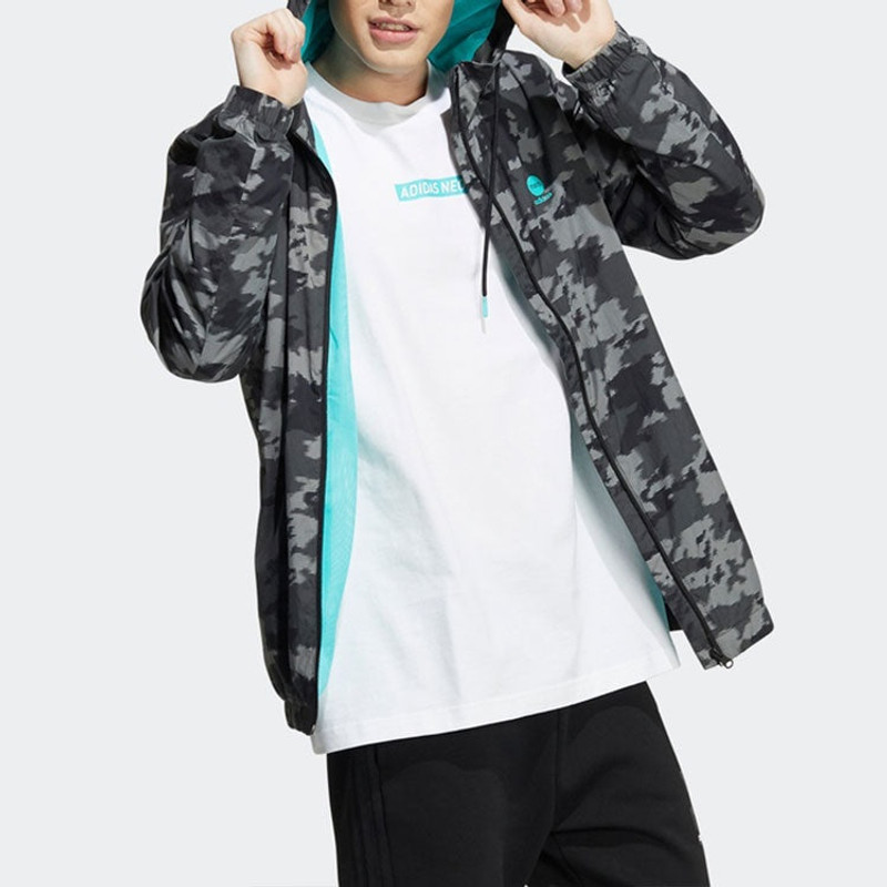 adidas Men's adidas neo Camouflage Alphabet Stripe Woven Athleisure Casual Sports Hooded Jacket Black HC970 outlook