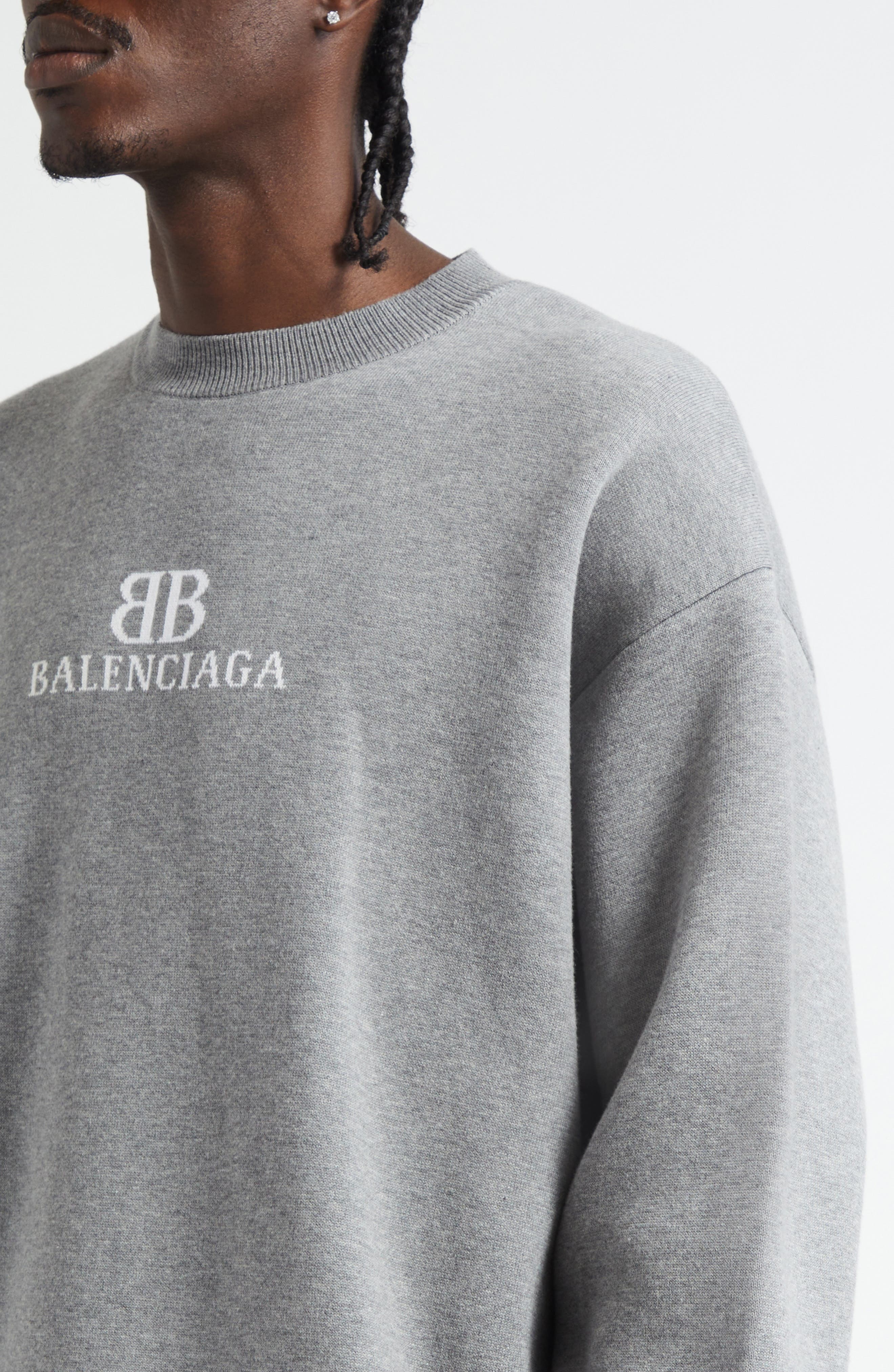 Balenciaga BB Logo Jacquard Crewneck Sweater in Heather Grey/White at Nordstrom - 5
