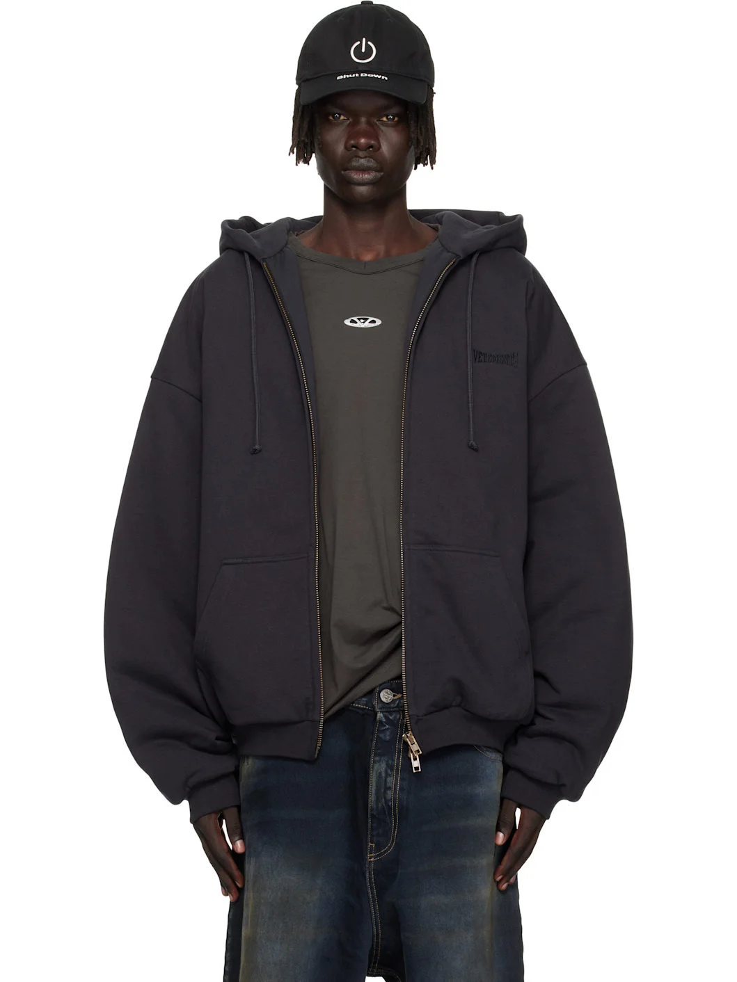 Black Puffed Oversized Zip-Up Hoodie - 1