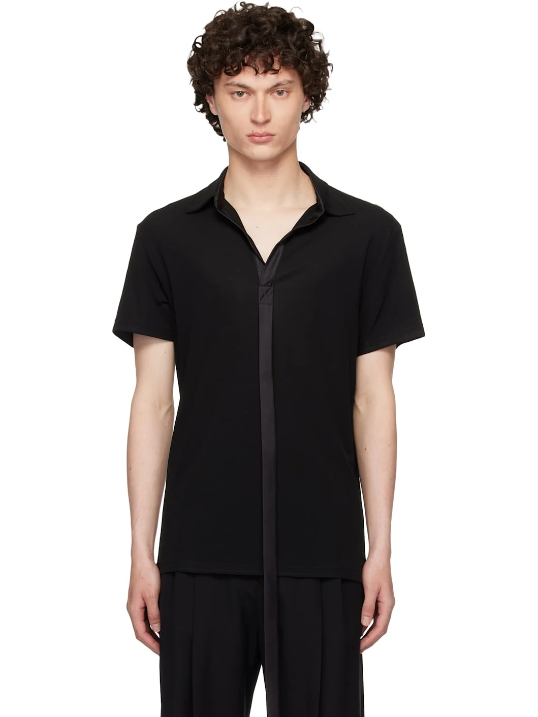 Black Satin Strip Viscose Polo - 1