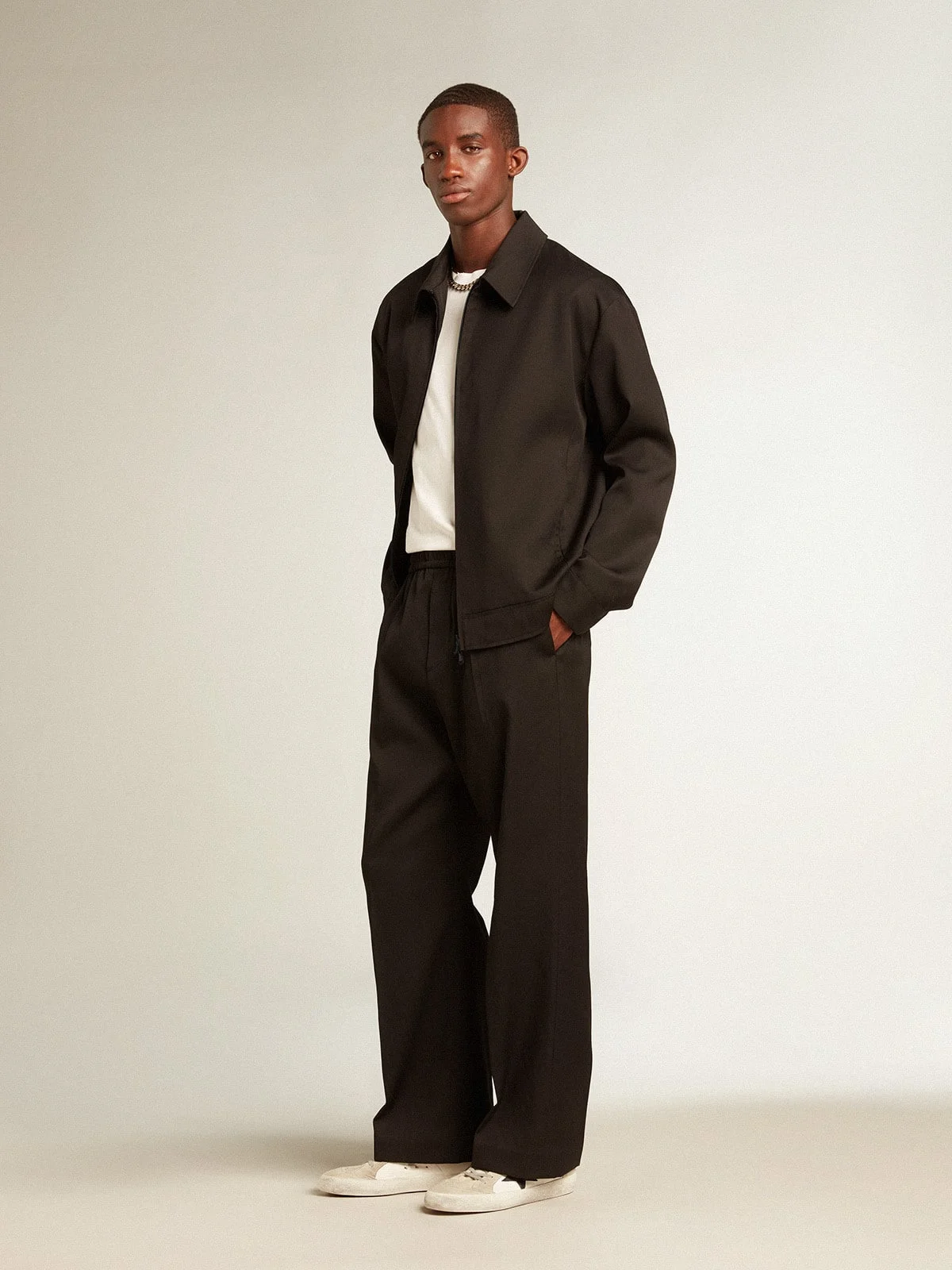 Golden Goose Men's zip-up jacket in black wool gabardine | REVERSIBLE