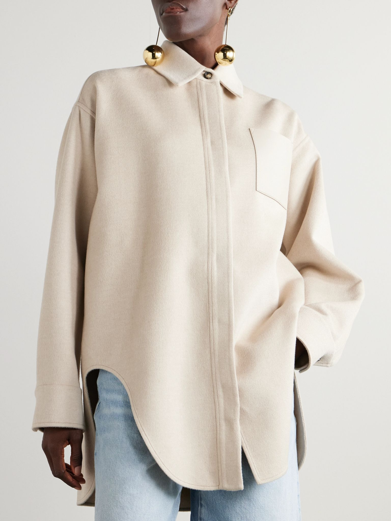 Leather-trimmed wool and cashmere-blend jacket Cream - 3