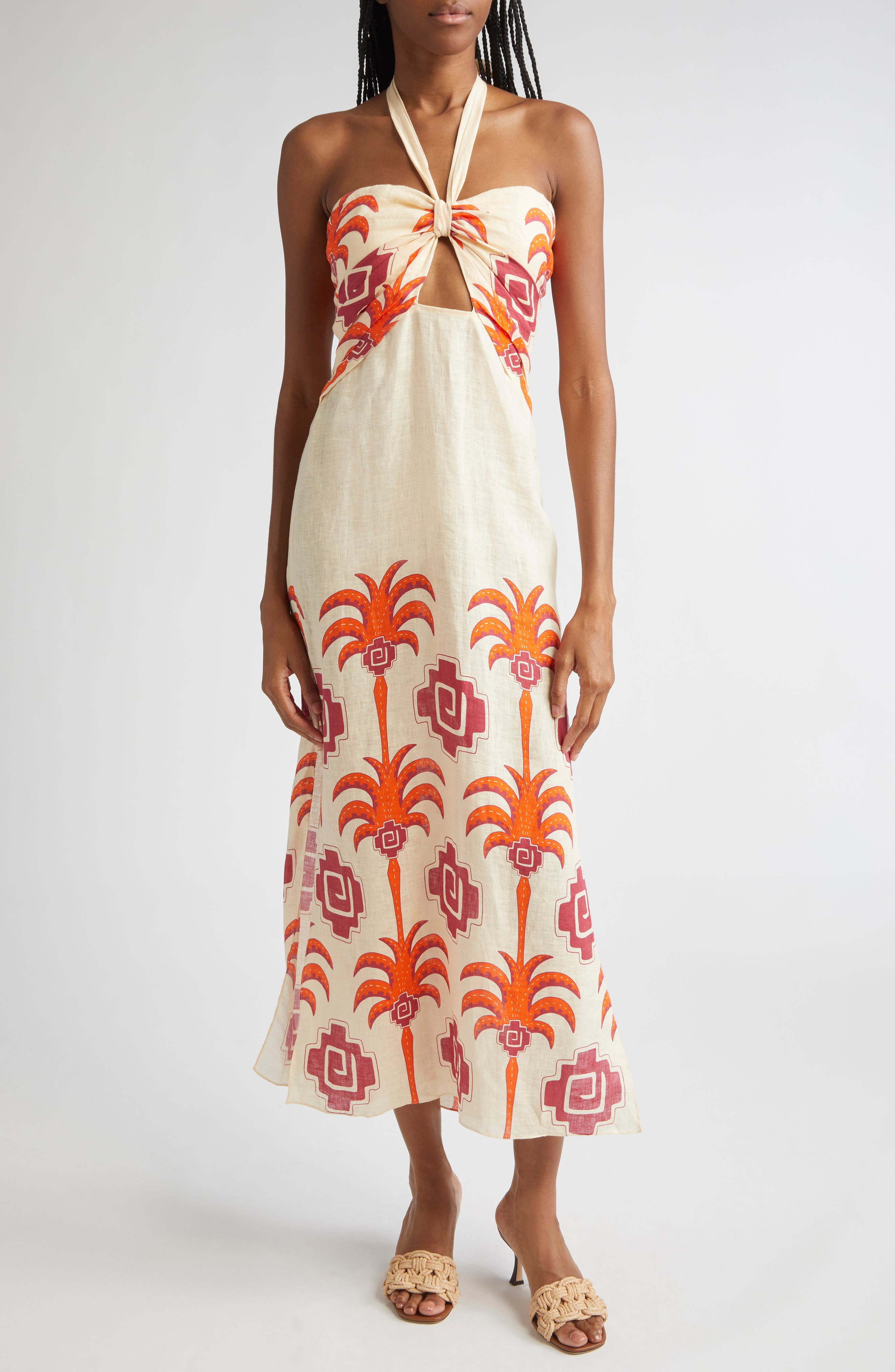 Johanna Ortiz Water Adventure Linen Midi Dress in Ecru /Red/Wine at Nordstrom - 1